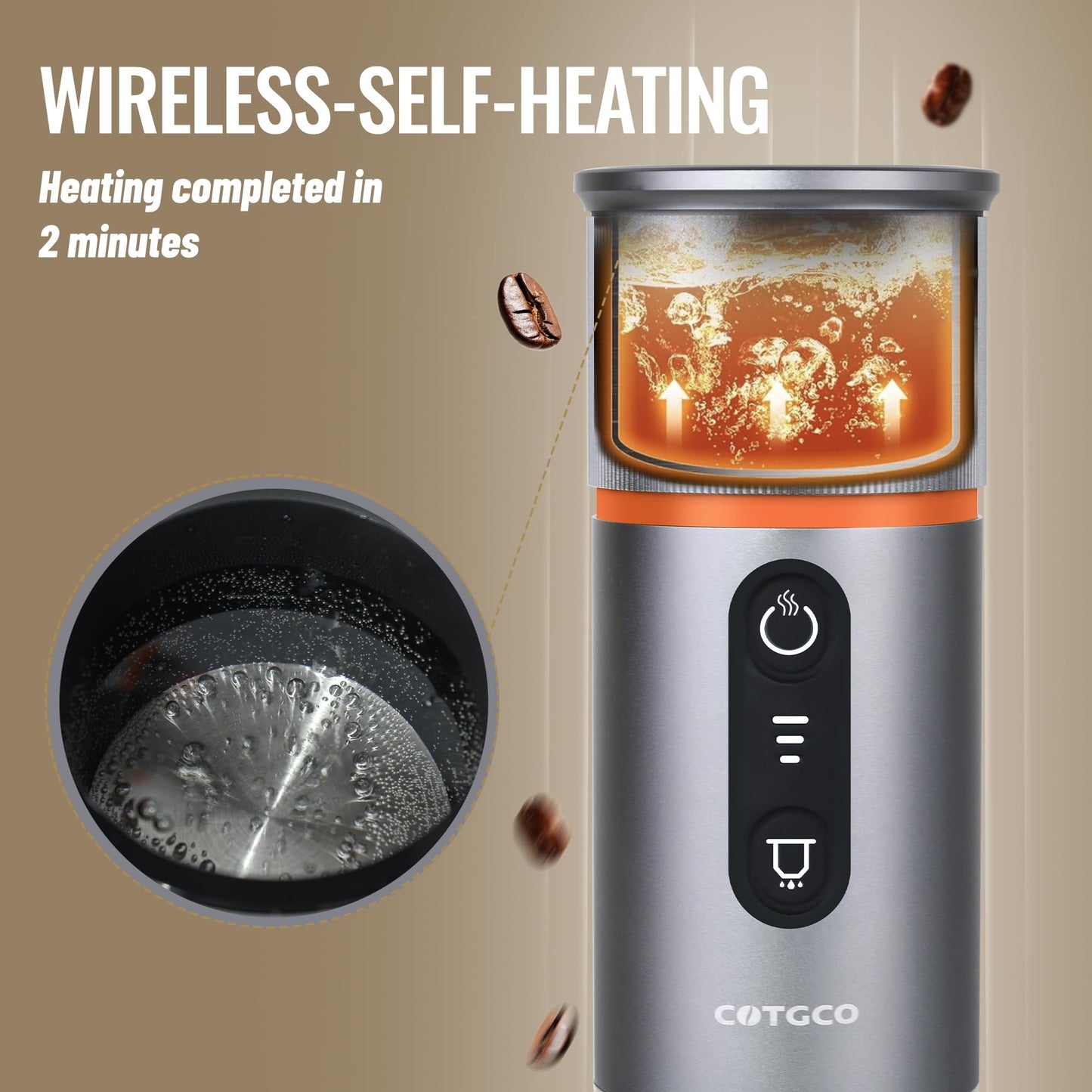COTGCO - Cafetera portátil para viajes: cafetera portátil, autocalentamiento, haz 8 tazas de café de una sola carga, café en cualquier momento, compatible con cápsulas Nespresso, color gris