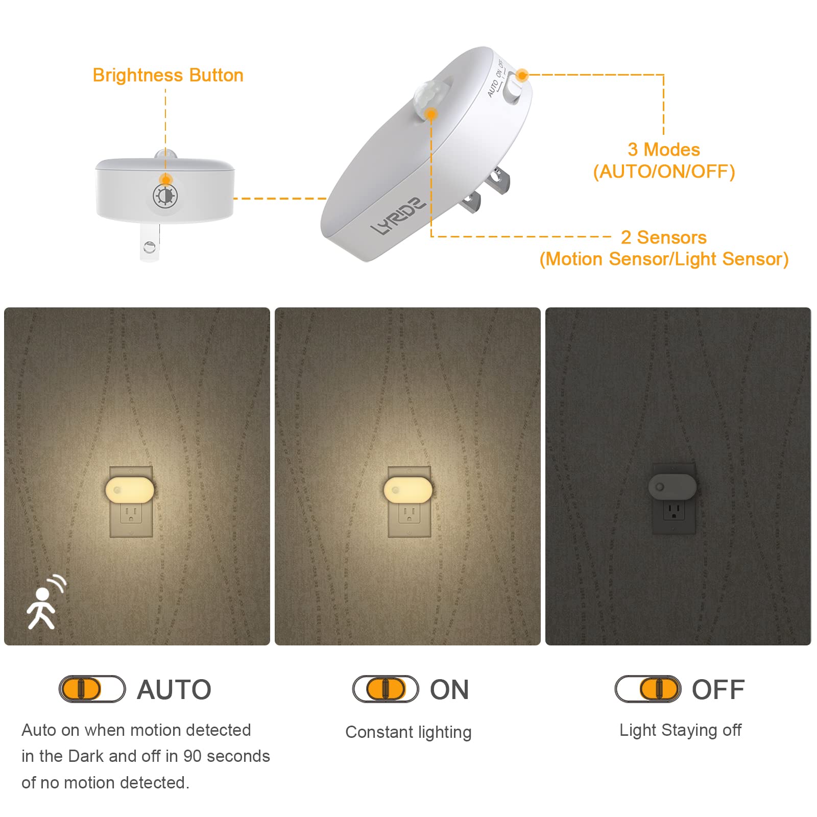 LYRIDZ - Luz nocturna con sensor de movimiento, luz nocturna inteligente de 1 a 120 lm, luz blanca cálida LED con brillo ajustable continuo para dormitorio, cocina, escaleras, pasillo, paquete de 4