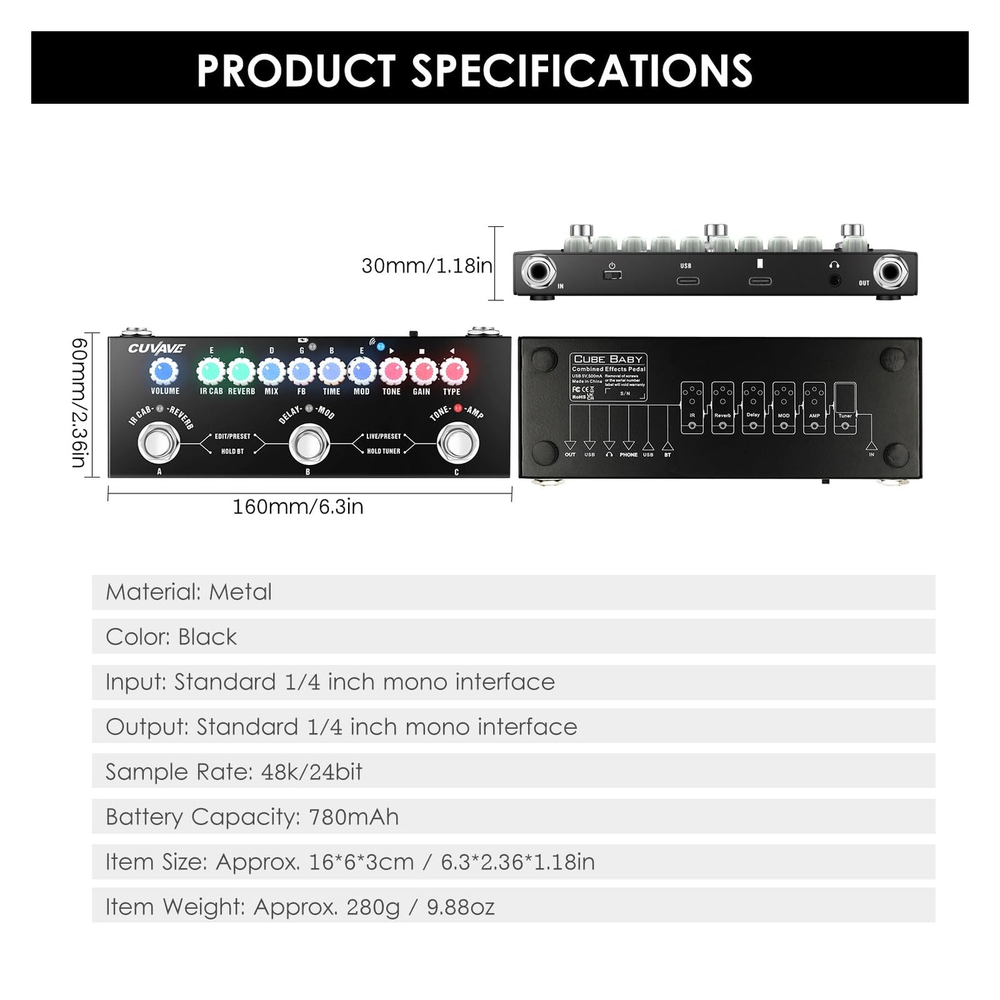 HUIOP CUVAVE CUBE BABY Pedal de efectos combinados para guitarra eléctrica multifuncional portátil con reproducción de música inalámbrica Grabación de teléfono Función de interfaz tipo C de audio,Peda