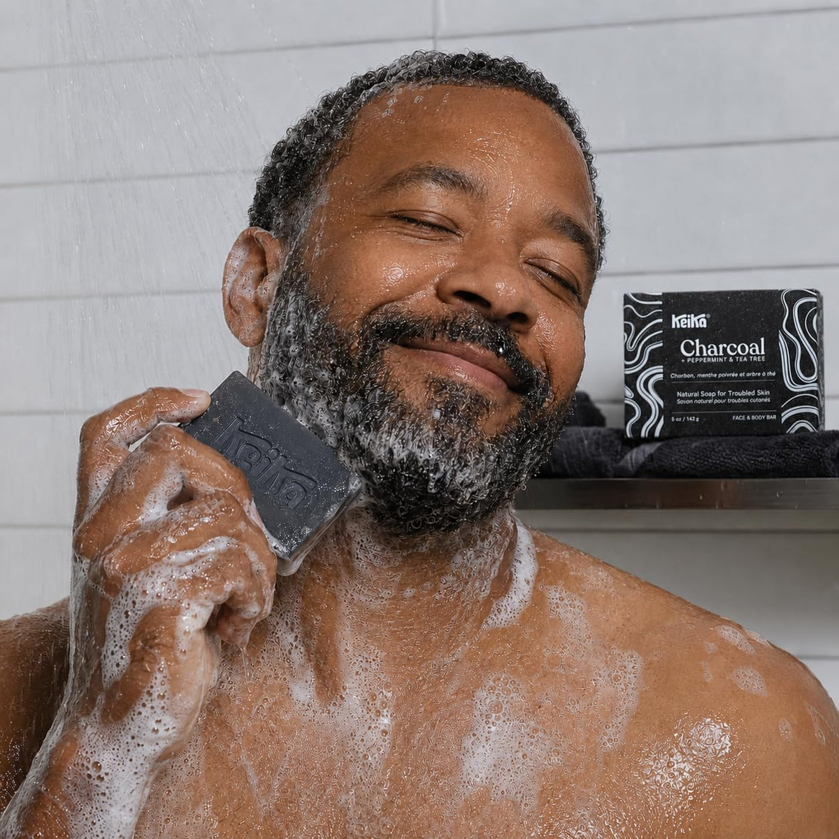 Keika Naturals Barra de jabón negro carbón para acné, eczema, psoriasis, cara, cuerpo, hombres mujeres adolescentes con piel grasa, 5 onzas, 1-paquete