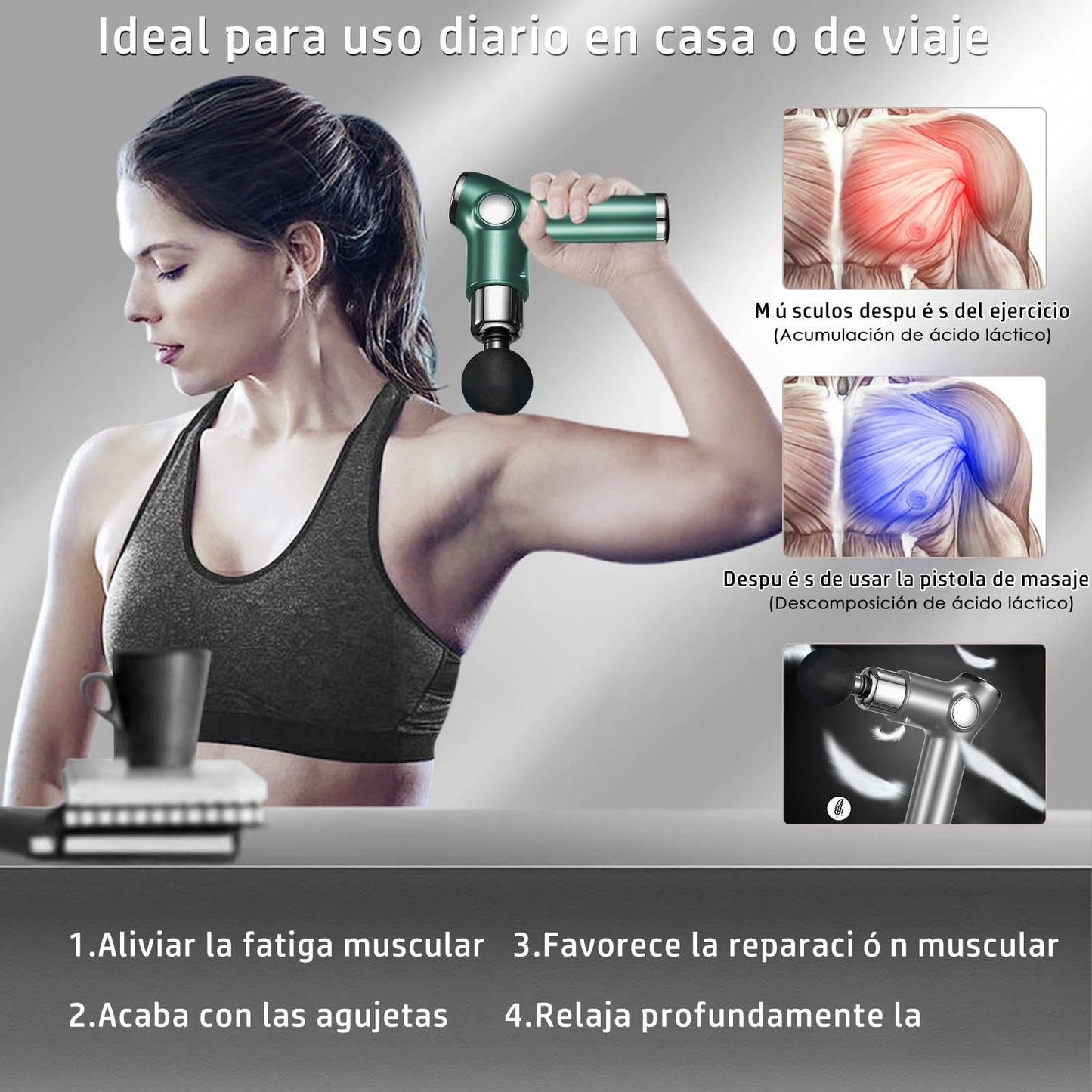 Pistola de Masaje Handheld,Mini Massage Gun Masajeador Muscular Eléctrico,con 8 Cabezales y 32 Niveles Ajustables,Máquina de Masaje Espalda Recargable,Súper Silencioso y con Pantalla Lcd,Verde