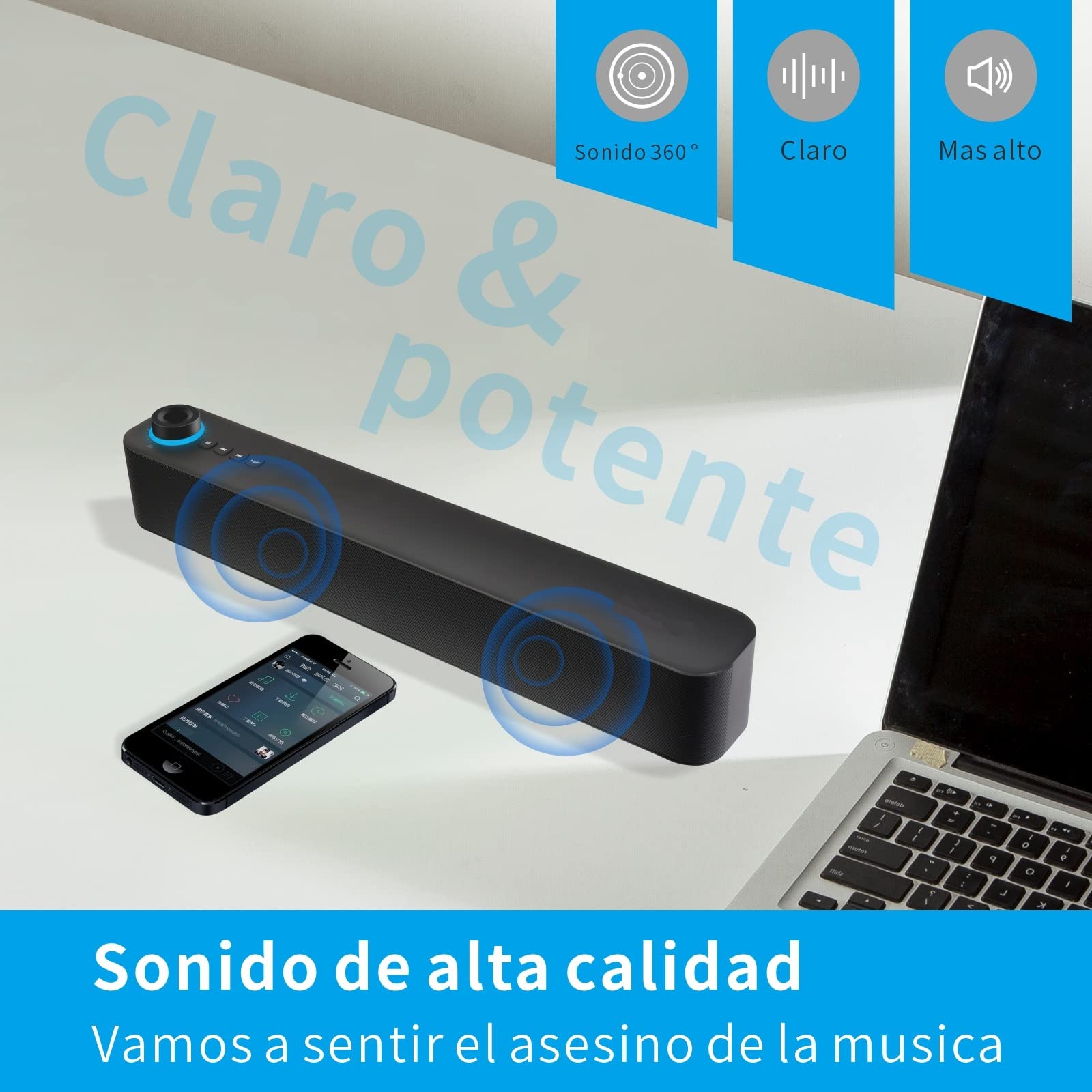 Lirgcuatro Mini Barra de Sonido Estéreo Bluetooth 5.0 Inalámbrico con Subwoofer para TV，Altavoz PC Portátil Llamadas Manos Libres, Altavoces para Cine en Casa, con Audio Micrófono Incorporado(Negro)
