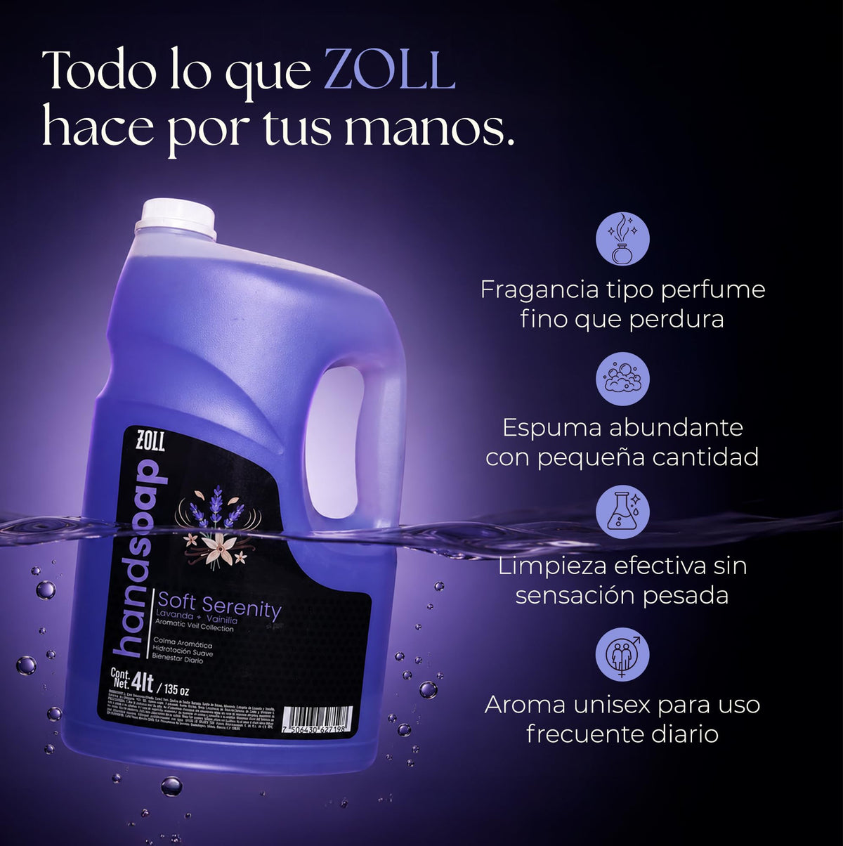 ZOLL Jabón Líquido para Manos - Soft Serenity Lavanza + Vainilla - Fragancia Premium Tipo Perfume - Larga Duración - Fórmula Espumante Hidratante - Limpieza Sofisticada para Uso Diario