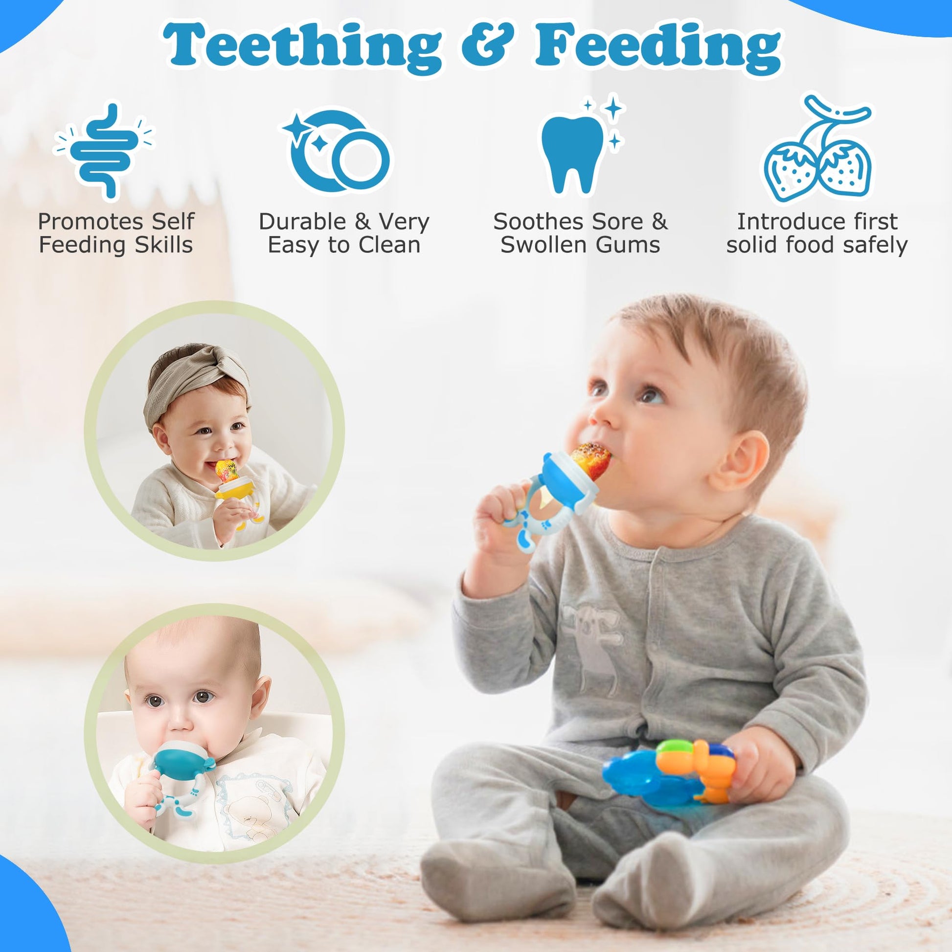 Food Feeder Baby Fresh Fruit Feeder (3 Pcs) with Silicone Pacifiers(3 Pcs), Pacifier Clip(1 Pc), First Training Baby and Toddler Spoon and Fork Set for Baby-Led Weaning-Anti-Choke(6 Pcs)
