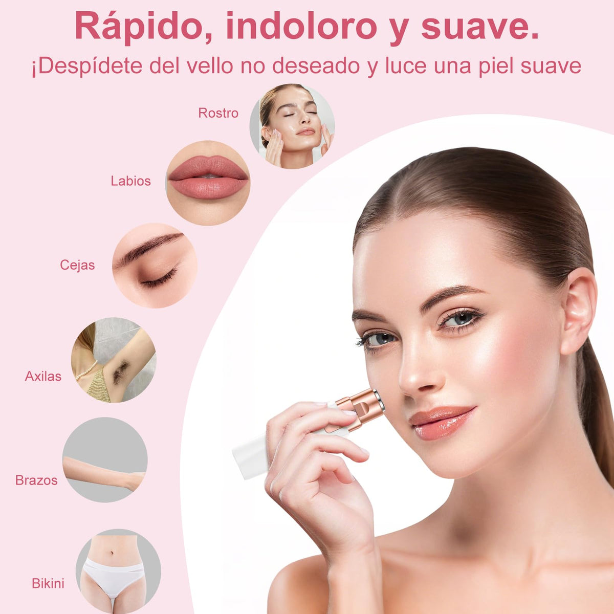 BALYSTOK Depiladora Facial Mujer Flawless con Luz LED, Sin Dolor, Portátil y Recargable, Removedor de Vello Facial para Labios, Cejas, Nariz, Barbilla, Bikini y Axilas, con 2 Cabezales de Repuesto y 1 Cepillo de Limpieza