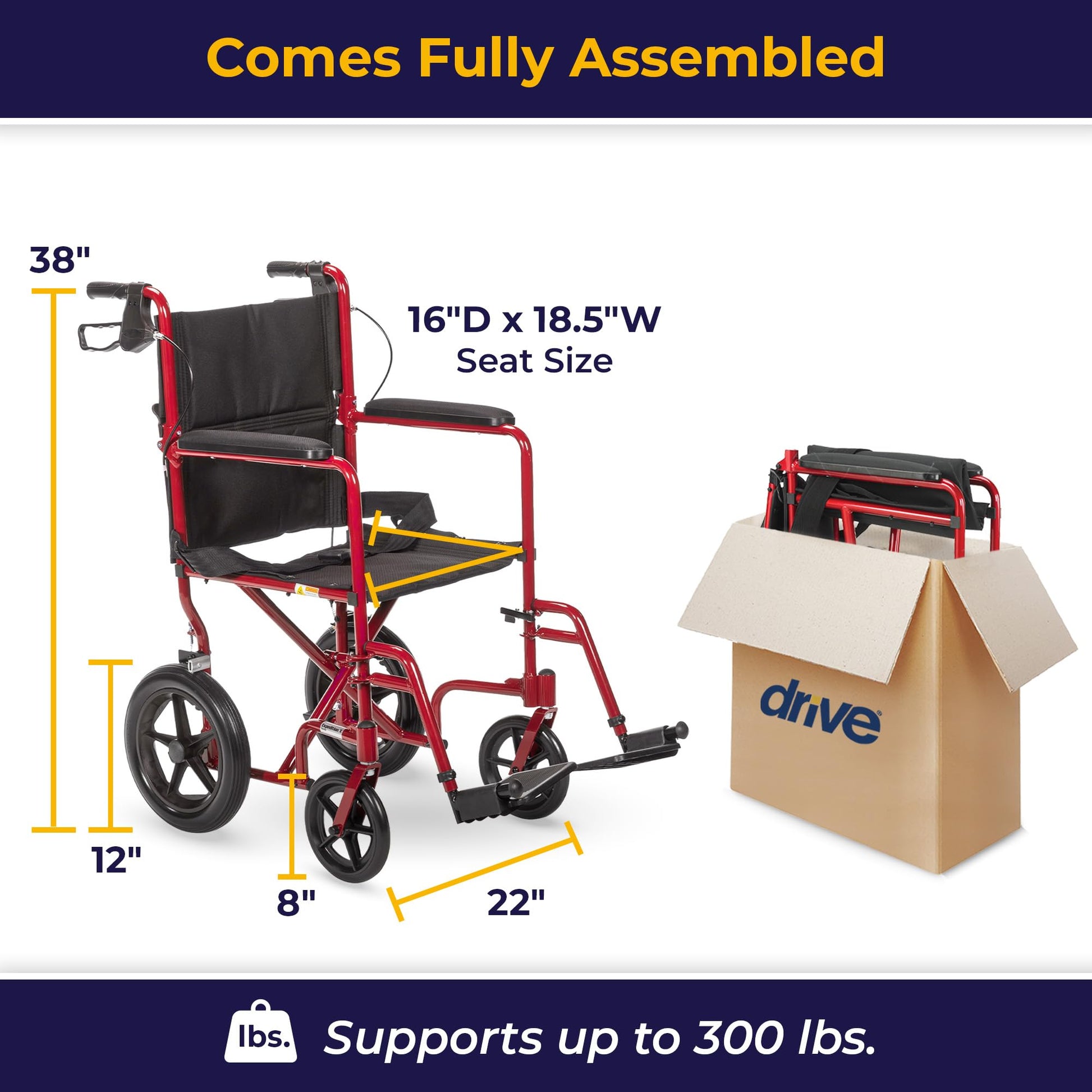 Silla de Ruedas de Transporte Ligera Drive Medical Azul con Frenos Manuales Roja, Tamaño 19