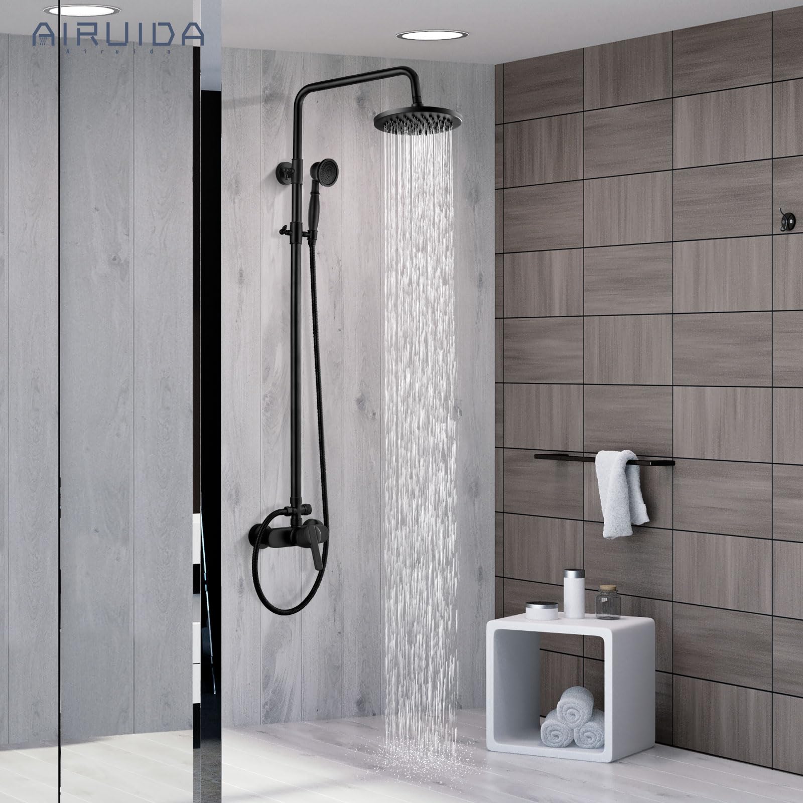 Sistema de Ducha Airuida Negro Mate con Alcachofa Moderna de Doble Función y Desviador de Cobre Sólido