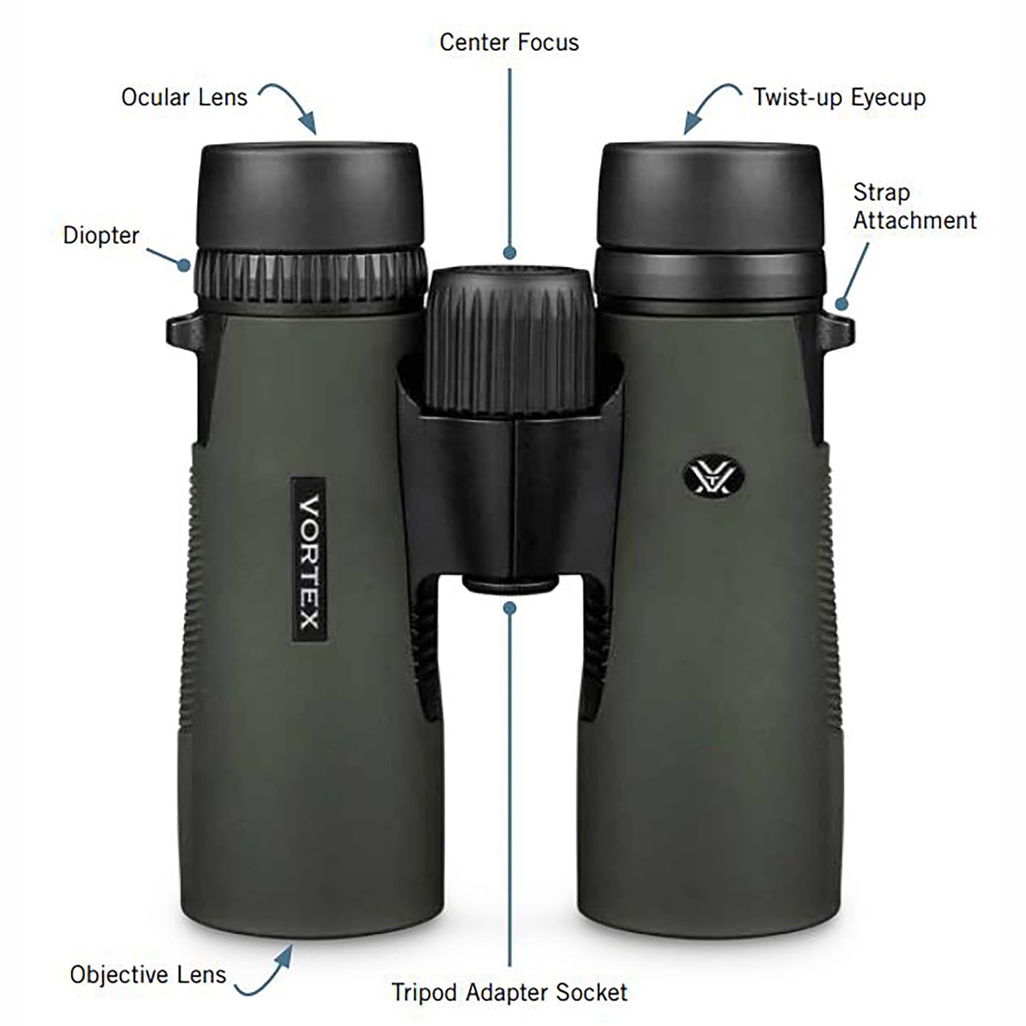 Binoculares Vortex Optics Diamondback HD 8 x 32 Verde con Sistema Óptico HD y Agarre Antideslizante para Hombre
