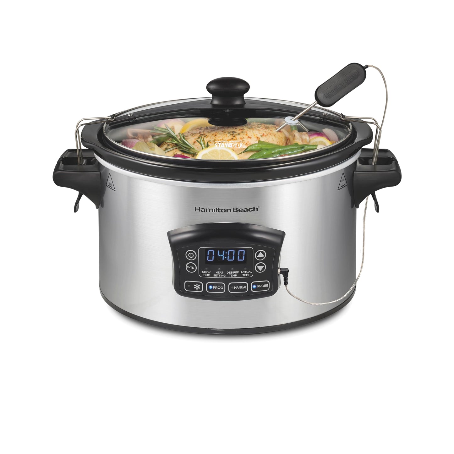 Hamilton Beach - Olla Lenta Portátil de 6 Cuartos de Galón, Programable Digital Con Cerradura de Tapa, Sonda de Temperatura y Ajuste de Descongelación, Apto Para Lavaplatos