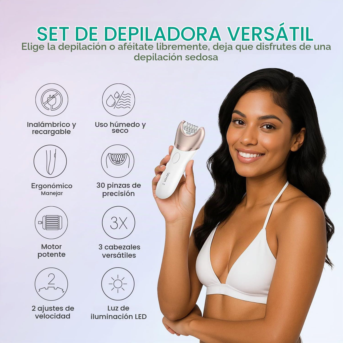 VOYOR Depiladora para Mujeres Inalámbrica y Recargable, Depiladora de Vello con 30 Pinzas, Depiladoras 3 en 1 con Afeitadora Eléctrica y Lima para Pies, Dispositivo de Depilación para Brazo y Pierna