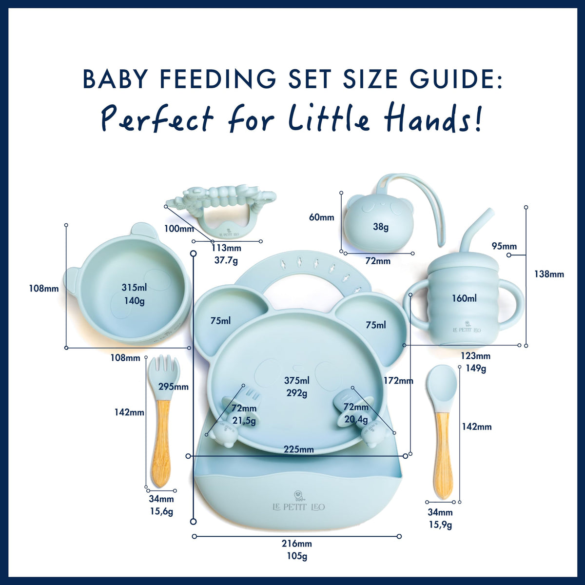 Le Petit Leo - Juego de alimentación de silicona para bebé, suministros completos para destete con baberos de silicona, placas de ventosa, ventosa, taza para beber, cuchara y tenedor, utensilios para niños pequeños (cielo del bebé)