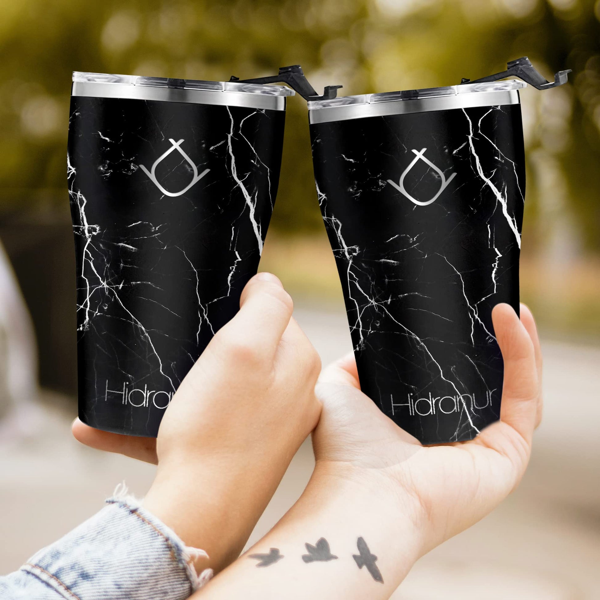 Hidranur Termo de Acero Inoxidable Doble Aislamiento Térmico, 12 Oz (354.882 ml), Termo para Café, Tapa Hermética Antifugas, Popote Incluido (Negro Mármol, 12 Oz (354.882 ml))