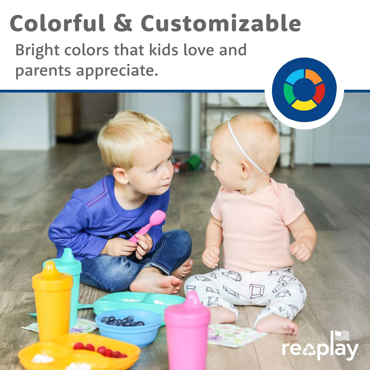 Re-Play - Juego de platos y utensilios divididos de 3 x 3 pulgadas, juego de tenedores y cucharas para niños pequeños, apto para lavaplatos y microondas, fabricado en Estados Unidos, color azul