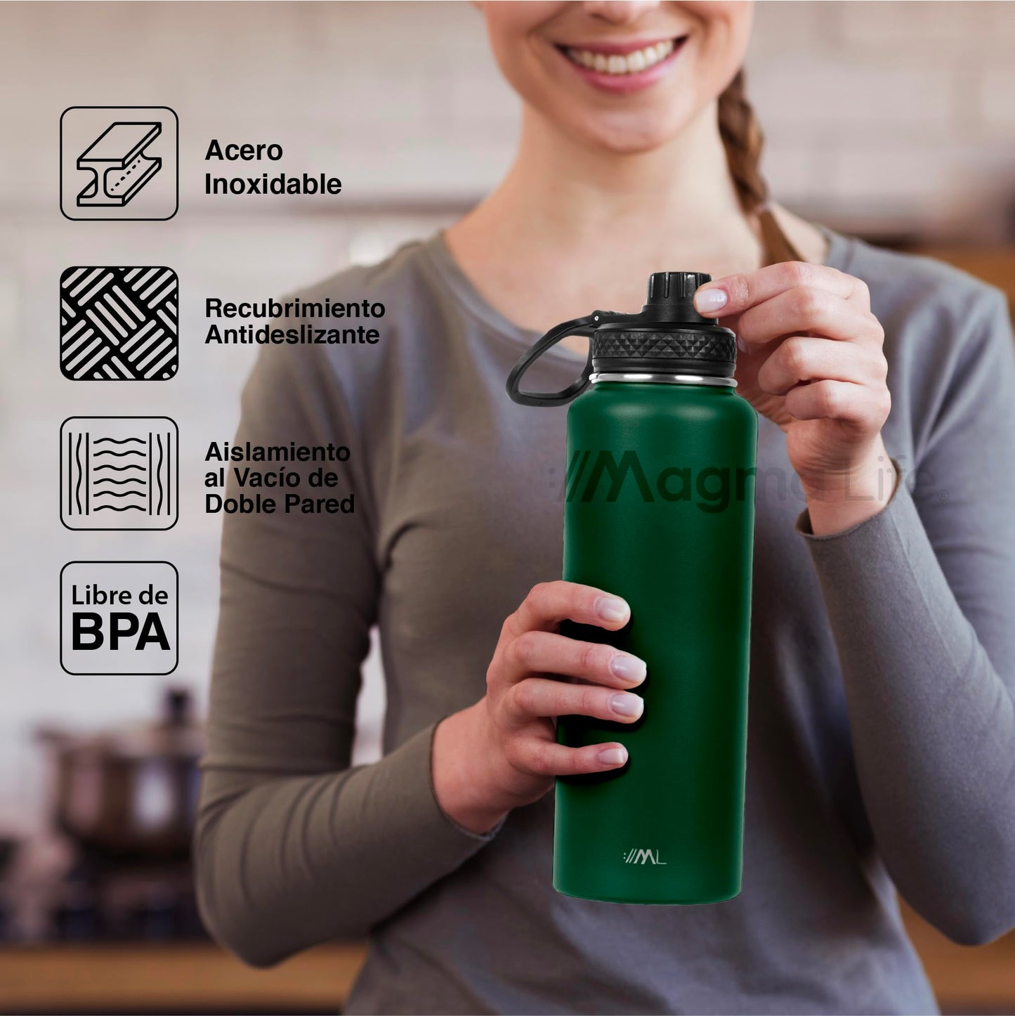 Magma Life Termo para Café y Agua de Acero Inoxidable 40 Oz (1200 ml): Contiene 3 Tapas para Diferentes tipos de Bebidas, Ideal para Mantener la Temperatura Deseada (Olive)