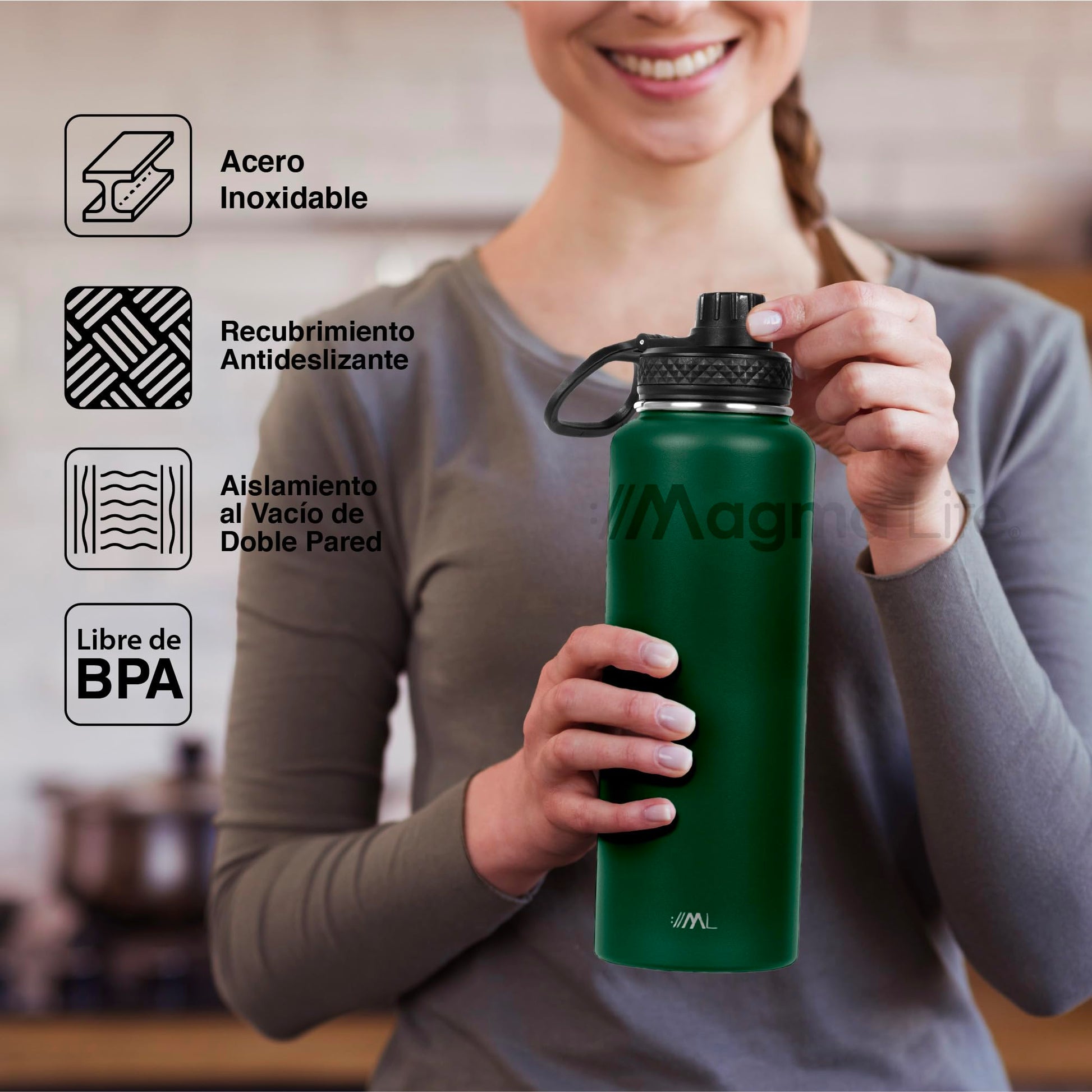 Magma Life Termo para Café y Agua de Acero Inoxidable 40 Oz (1200 ml): Contiene 3 Tapas para Diferentes tipos de Bebidas, Ideal para Mantener la Temperatura Deseada (Olive)