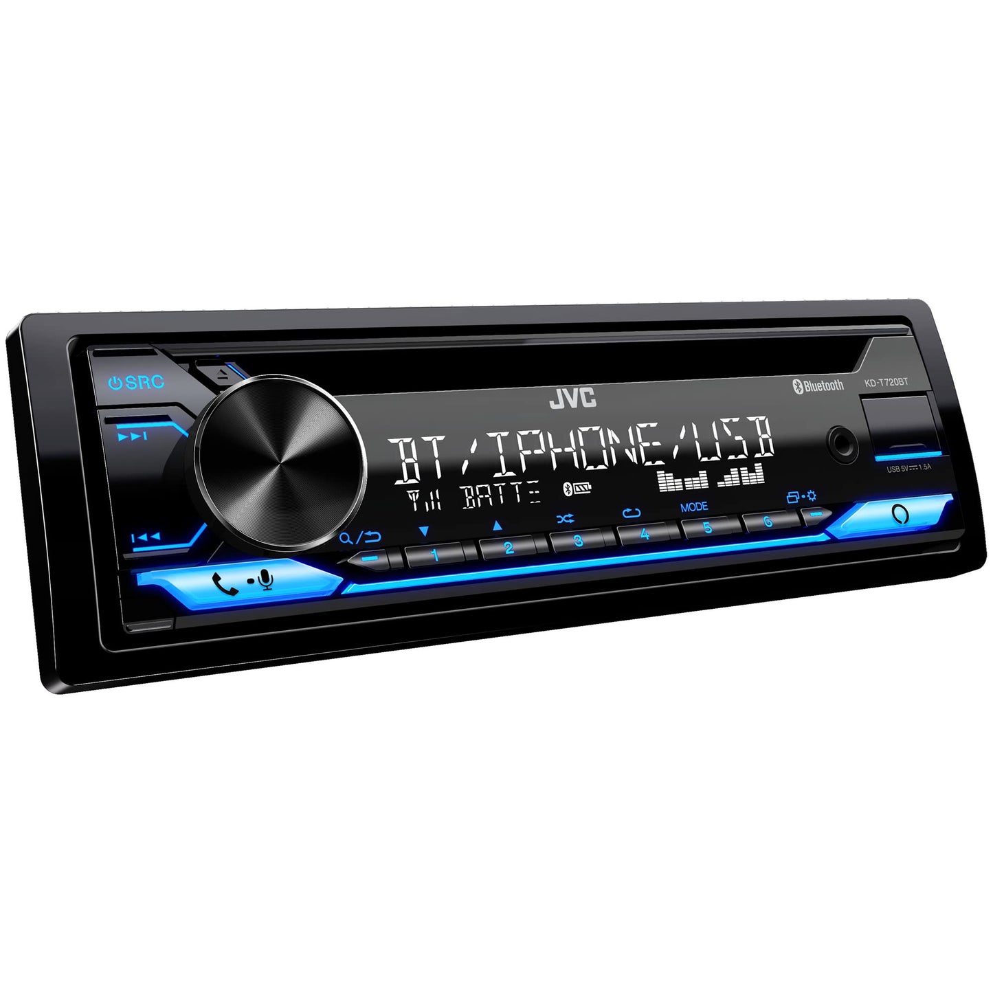 JVC KD-T720BT - Estéreo de coche con CD, Single Din, audio Bluetooth y llamadas manos libres con micrófono externo, CD, MP3, USB, entrada AUX, radio AM/FM, amplificador de alta potencia, control de