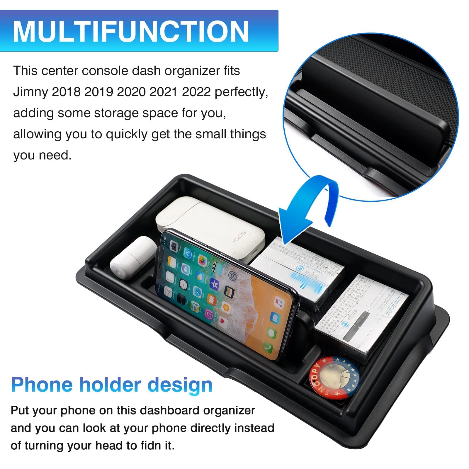 Autorder - Organizador de tablero de consola central para 2019-2022, 2023, 2024, 2025, Suzuki Jimny JB64 JB74, accesorios para salpicadero con soporte para teléfono celular, caja de almacenamiento con