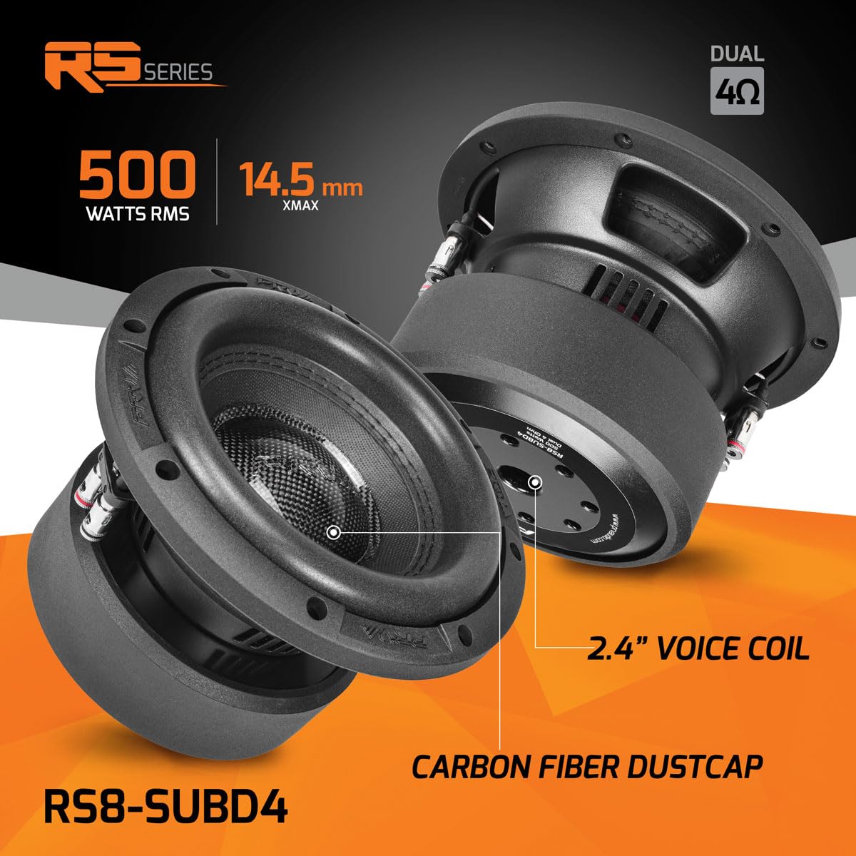 PRV AUDIO Sub D4 de 8 pulgadas de potencia máxima de 1000 vatios dual de 4 ohmios, 14.5 mm Xmax, RS8-SUBD4, bobina de voz de 2.4 pulgadas, subwoofer de coche de 8 pulgadas de tonos bajos profundos