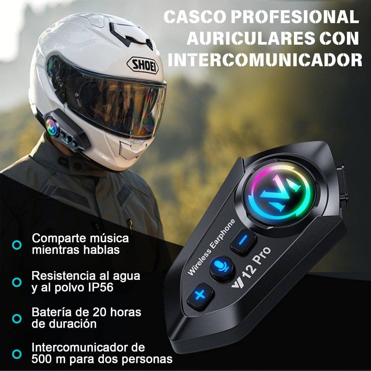 Auricular Bluetooth Motocicleta ETRTNVB 12Pro Negro Compatible Intercomunicador Impermeable IP56