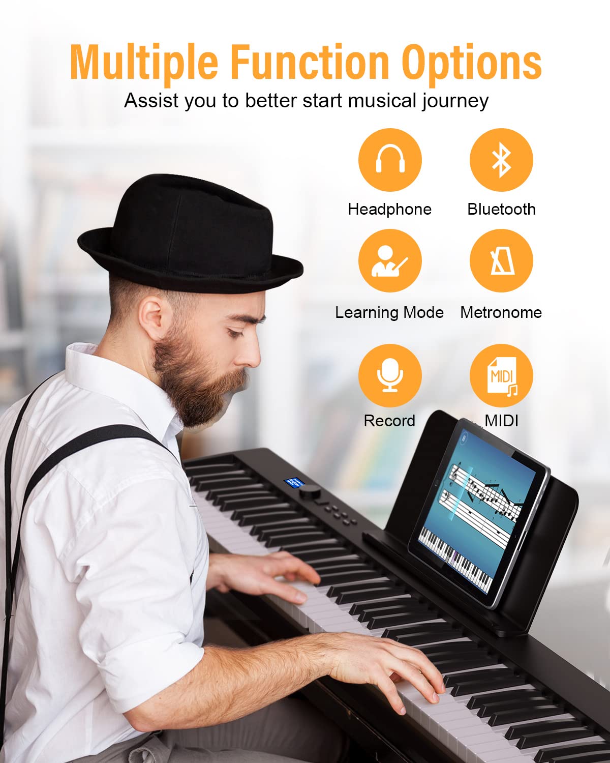 KONIX Teclado de piano plegable, 88 teclas de tamaño completo, teclado de piano plegable semipesado, teclado electrónico portátil Bluetooth con soporte de partitura, pedal sostenible y bolsa de piano,