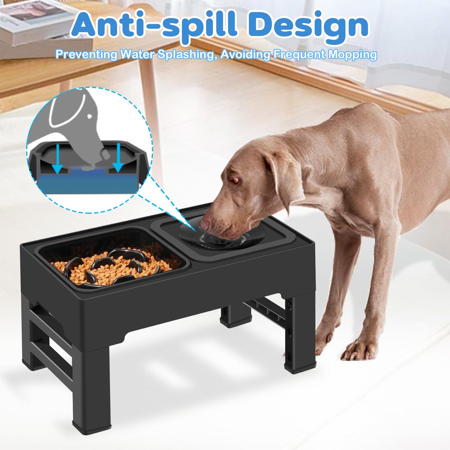 IKUSO - Tazones para Perros 2-en-1 con Altura Ajustable y Comida Lenta, Antiderrame y Antideslizante, Protege la Columna Vertebral del Perro