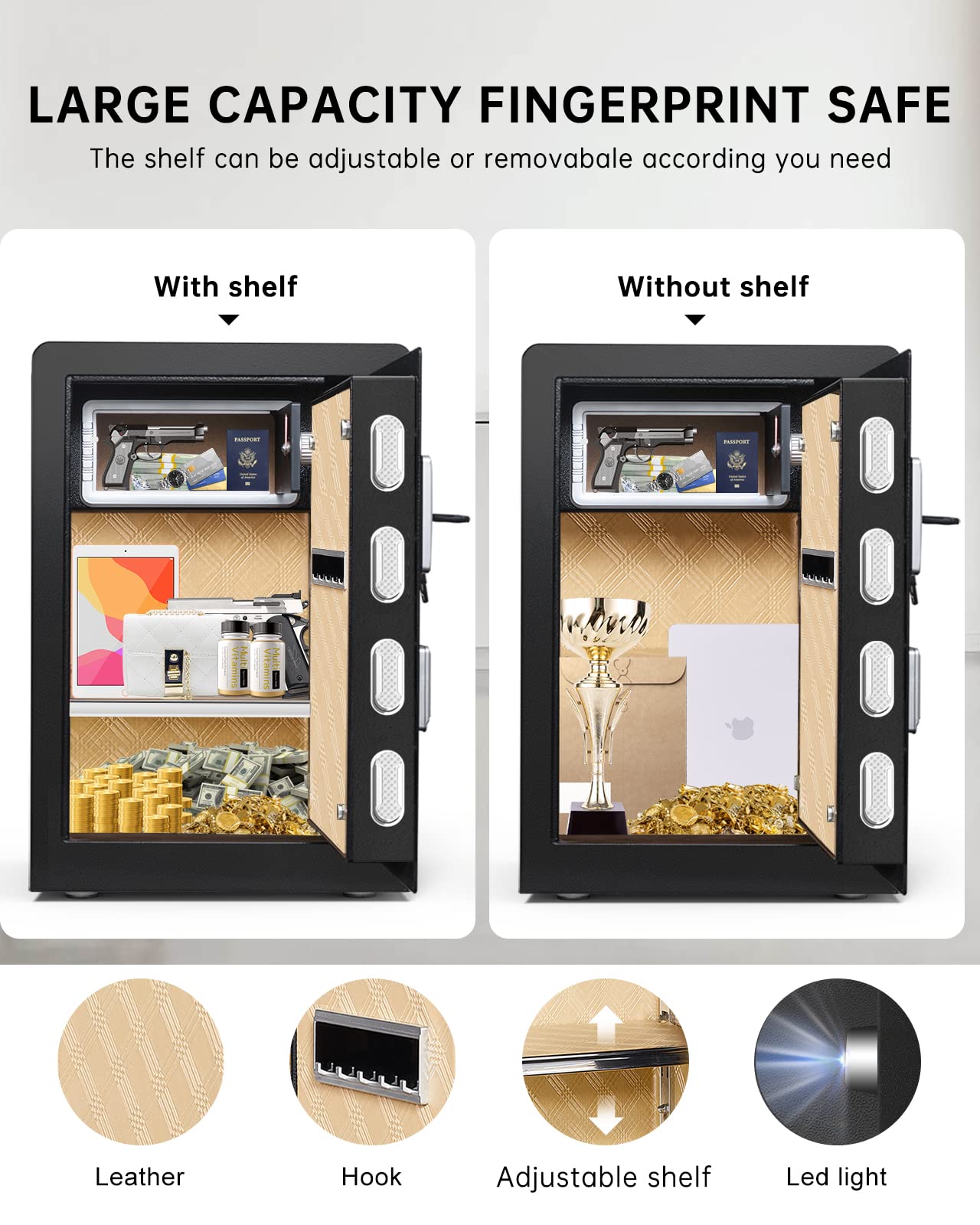 Caja de seguridad biométrica para huellas dactilares, 2.6 Cub, caja de seguridad con aviso de voz y gabinete interior privado, caja fuerte para el hogar con teclado de visualización táctil, doble