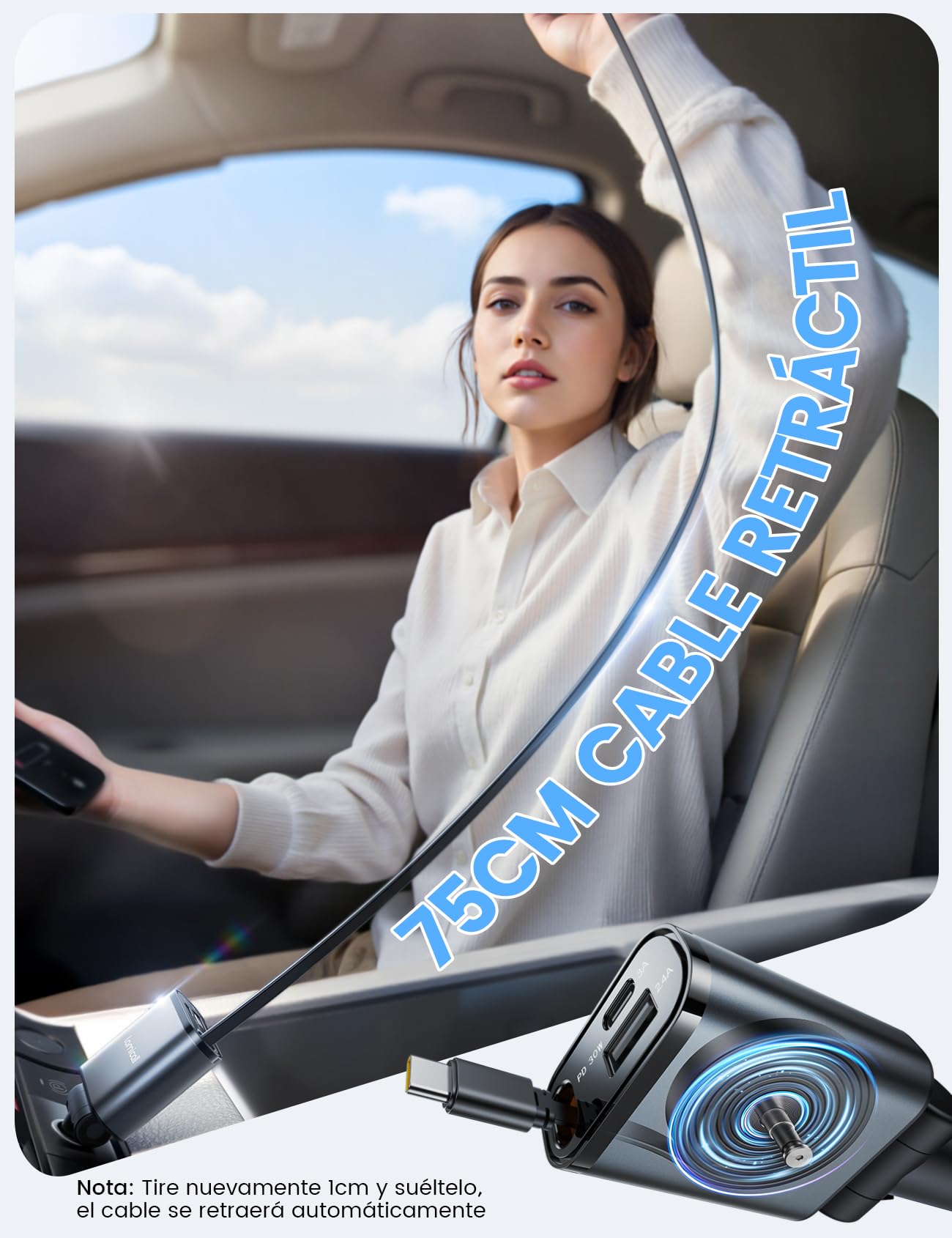 Lamicall 3 in 1 Retráctil Cargador para Auto -【Super Compacto】 57W Cargador para Carro Carga Rápida with Cable Tipo C/USB C/USB A, 12V/24V Socket for iPhone 16/15/14/13, Galaxy S25/S24 Ultra, Android