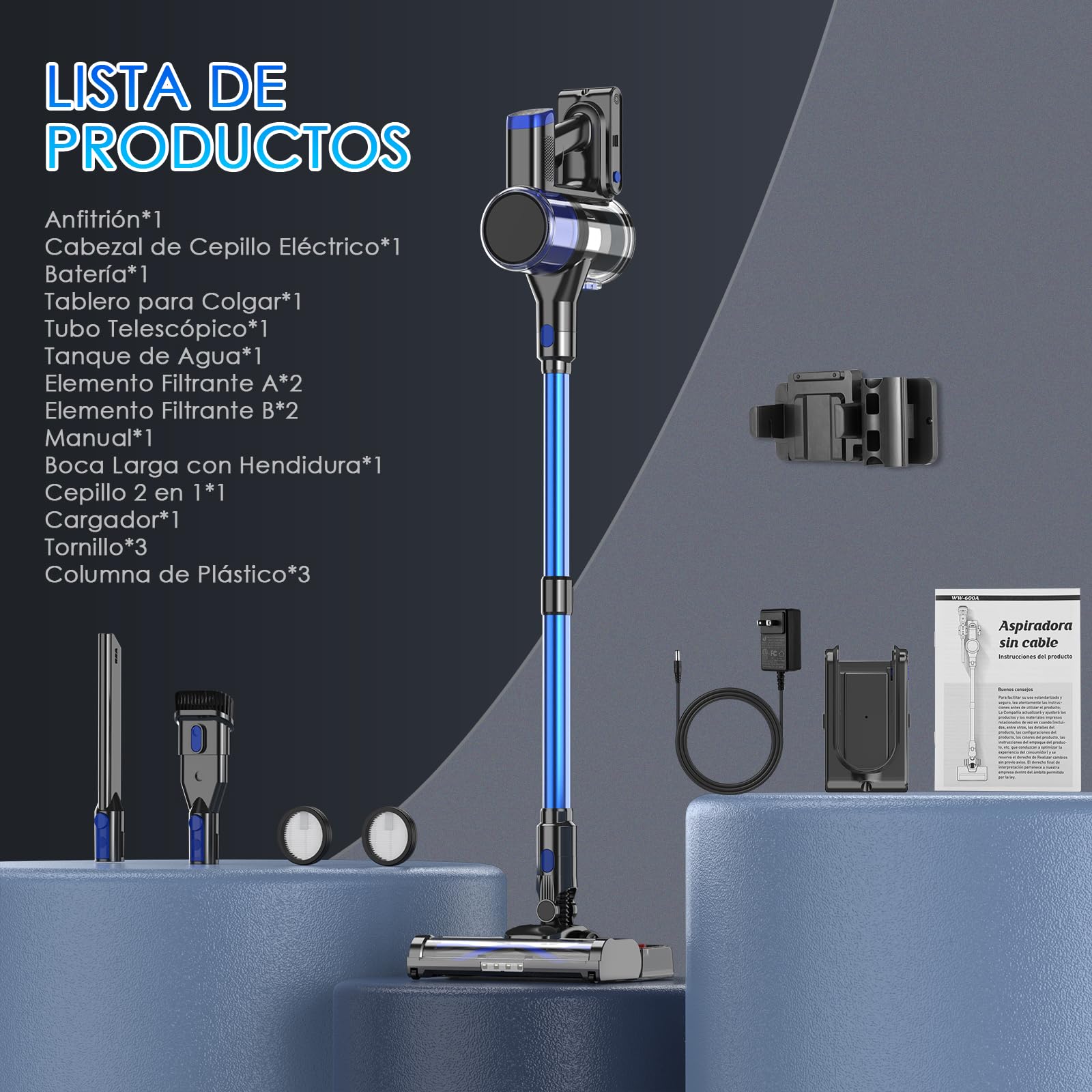 Aspiradora Inalámbrica, Aspiradora de Mano, 45Kpa Aspiradora Vertical, Succión Potente, Aspiradora Inalámbrica y Trapeador con Antienredos para Alfombras, Pelo de Mascotas, Pisos de Madera Dura