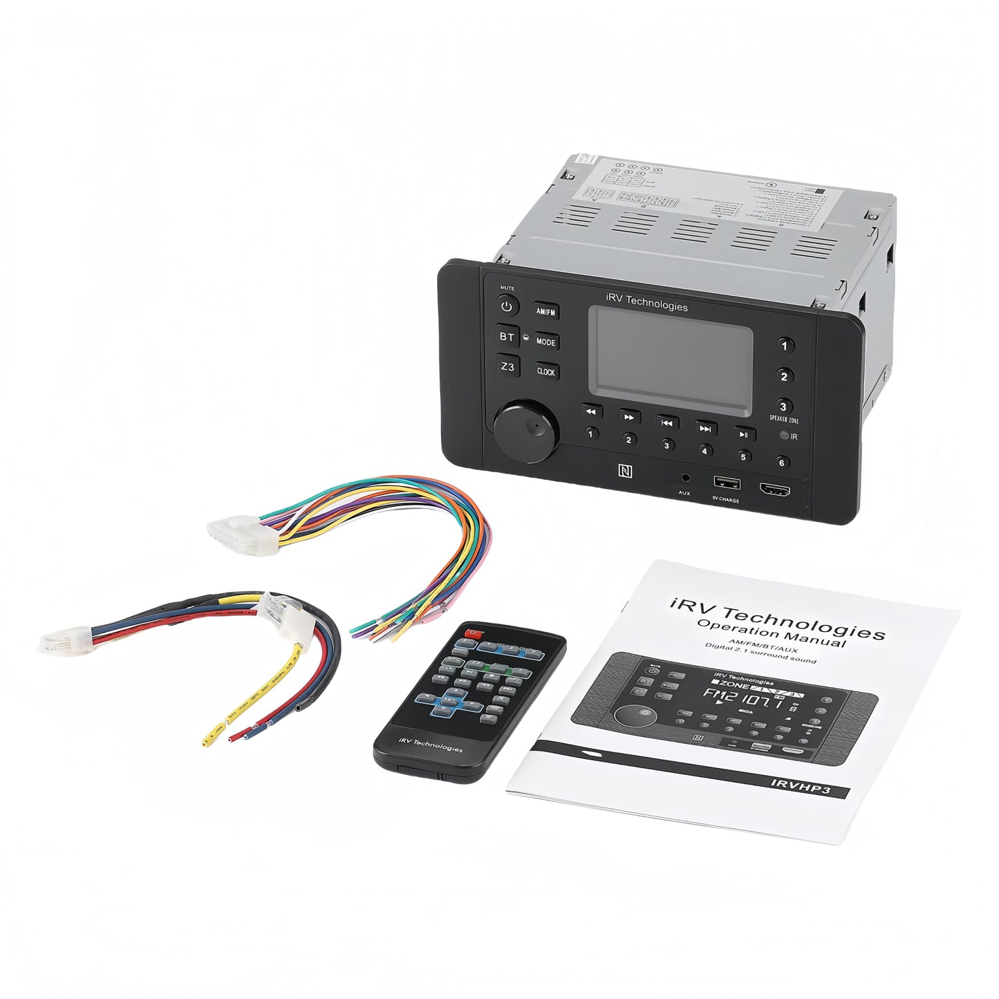 IRV Technology Mechless Wallmount RV estéreo 3 Zonas con Bluetooth HDMI ARC, Control de aplicación, Am/FM/App, NFC, Carga USB, Sonido Envolvente Digital, Reloj, Soporte CEC (3 Zonas + 7 Altavoces)