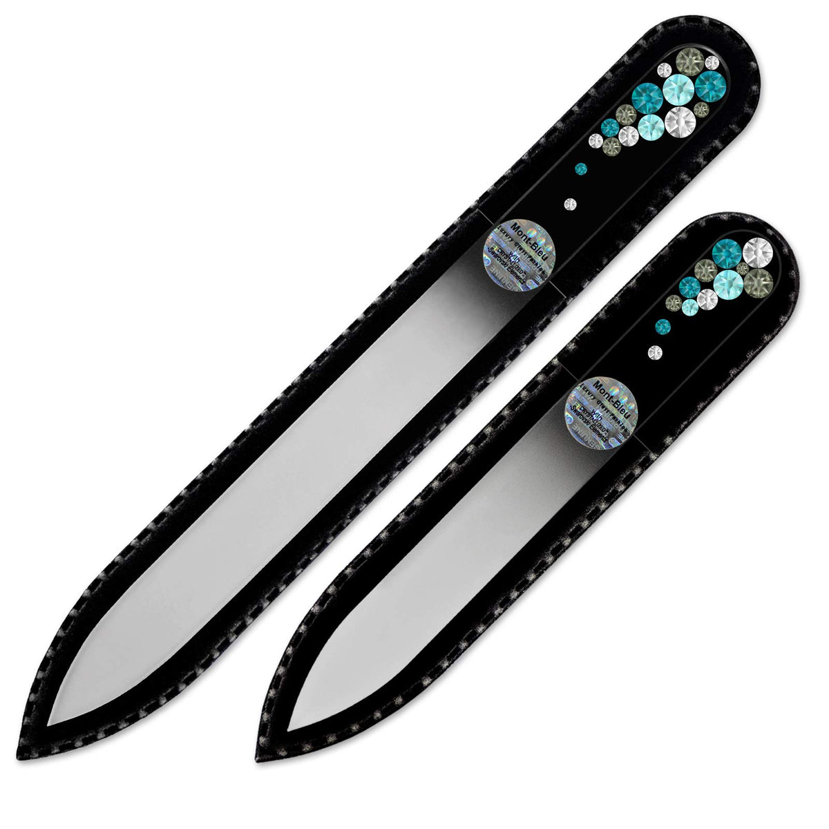 Juego de 2 limas de uñas de vidrio decoradas a mano con elementos Swarovski, en funda de terciopelo negro, vidrio templado checo auténtico, garantía de por vida, hecho a mano, Turquesa