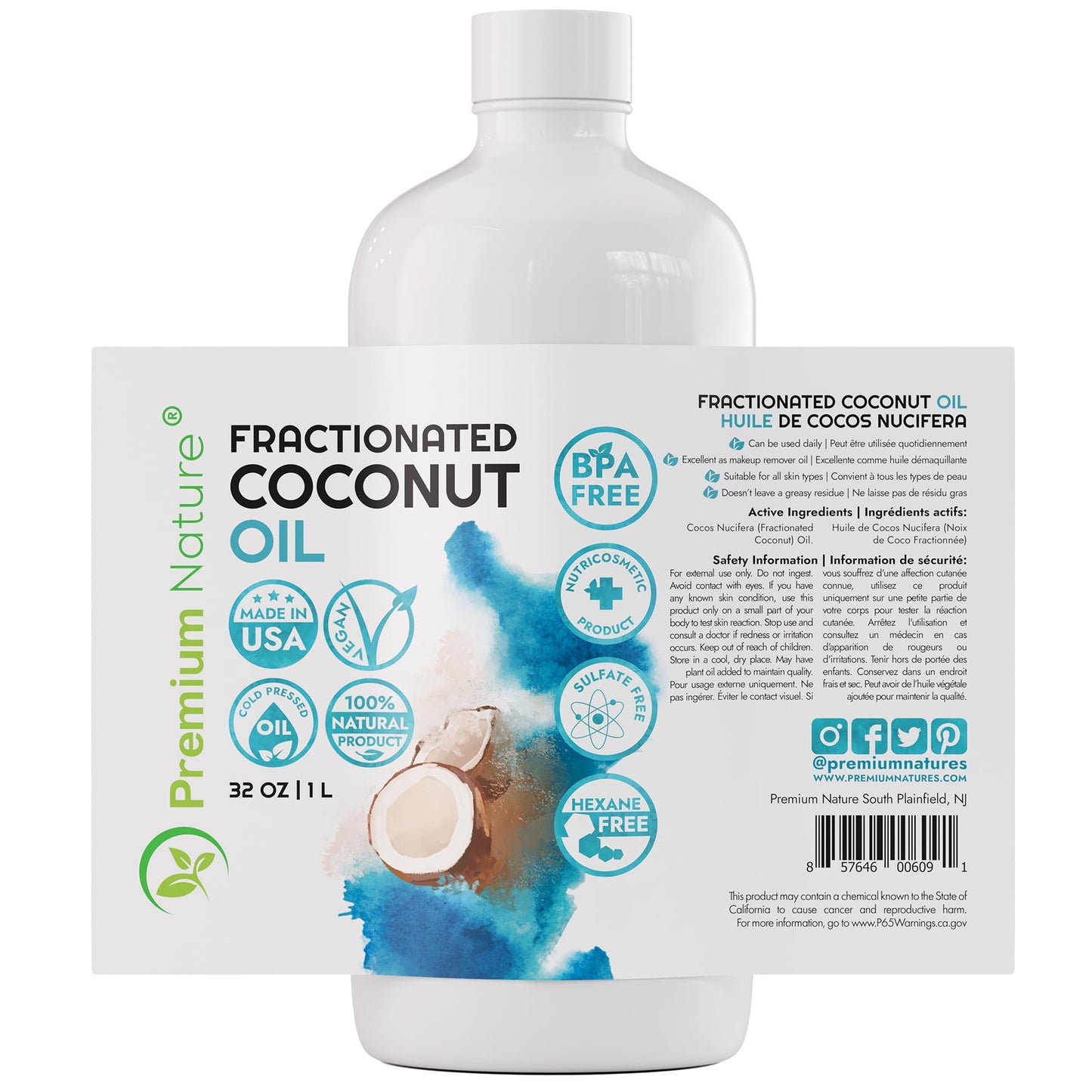 Fractionated Coconut Oil Massage Oil - 32 oz Skin Moisturizer 100% Natural & Pure Carrier Oil Therapeutic Odorless - for Skin Hair & Nails Premium Nature
