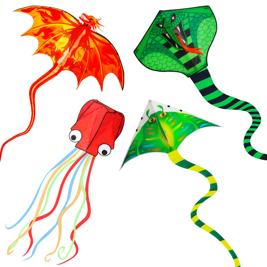 Crogift- Paquete de 4 Cometas: Cometa de dragón de Fuego Grande, Cometa de Serpiente Verde, Cometa de pez Diablo, molusco Rojo, Pulpo con LON