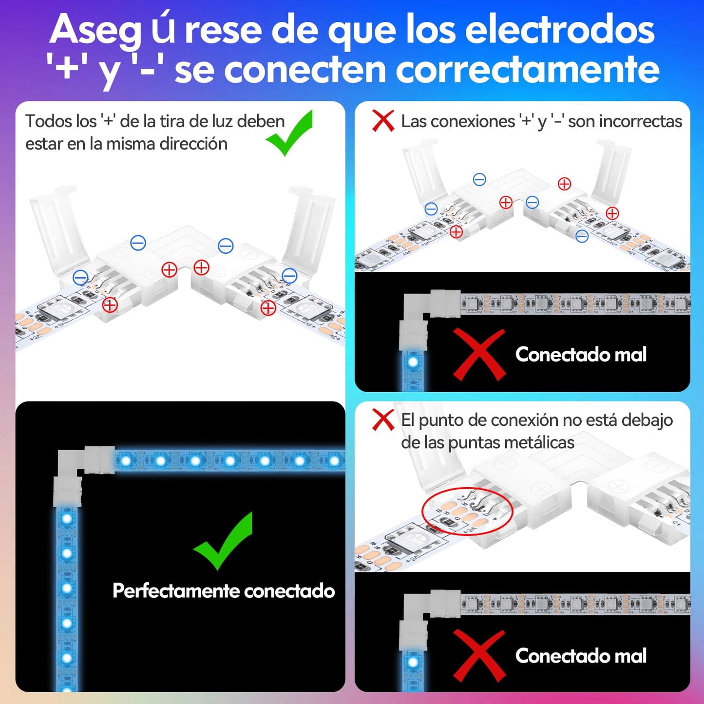 Conectores LED 4 Pines en Forma L 10mm para Extensión de Tiras LED sin Soldadura 10 Piezas