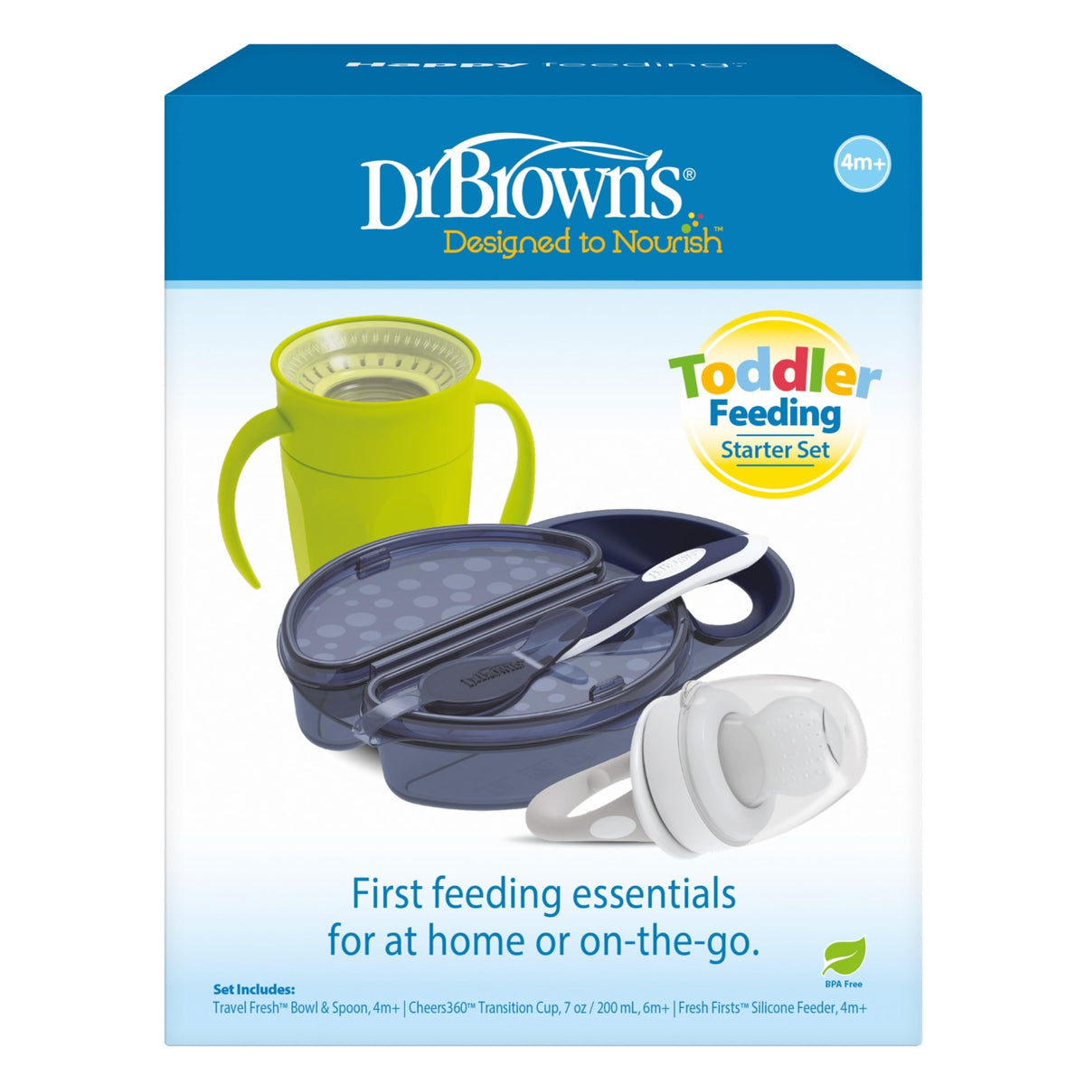 Dr. Brown's - Juego de iniciación de alimentación para niños pequeños, paquete de viaje con taza de entrenamiento Cheers360 sin boquilla con asas, 6 m+, 4 piezas