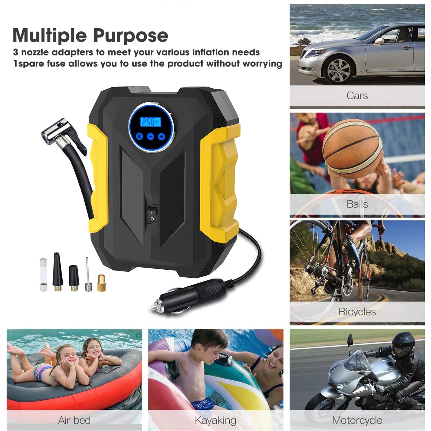 Compresor de aire digital para bomba automática de coche, inflador de neumáticos portátil con luz LED DC 12 V