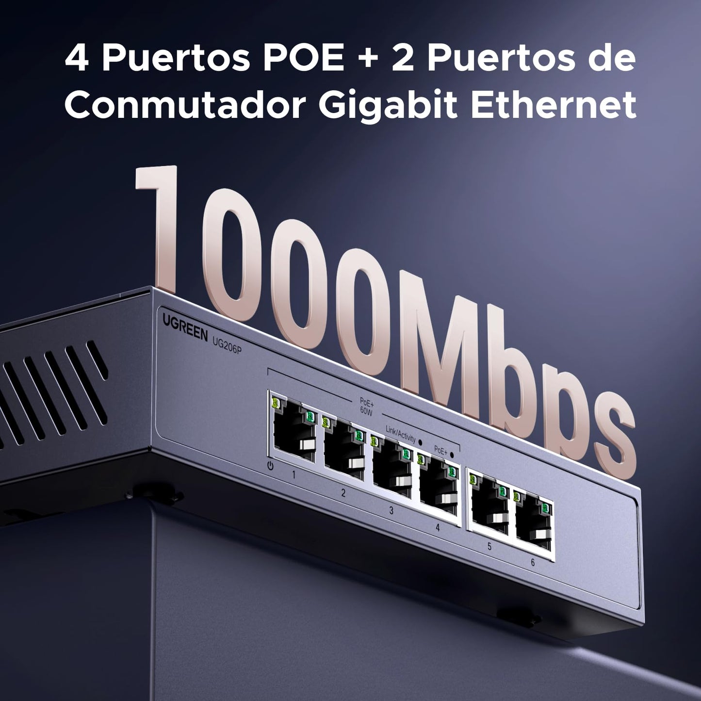 UGREEN Conmutador Ethernet de 6 Puertos, 4 PoE y 2 Enlace Ascendente de Gigabit, 60W, Metal durodero, conmutador de Red para Escritorio o Montaje en Pared, Ideal para cámara de Seguridad, teléfono IP