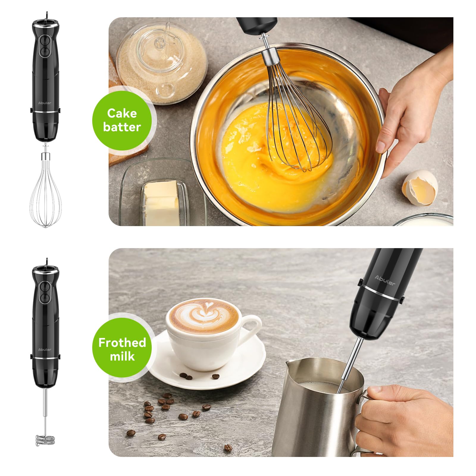 Batidora de mano de mano de 1000 W, mezclador de mano 5 en 1, sin BPA, licuadora de mano de 12 velocidades 304, acero inoxidable, mezclador, picador, batidor, espumador de leche, sopa, batidos,