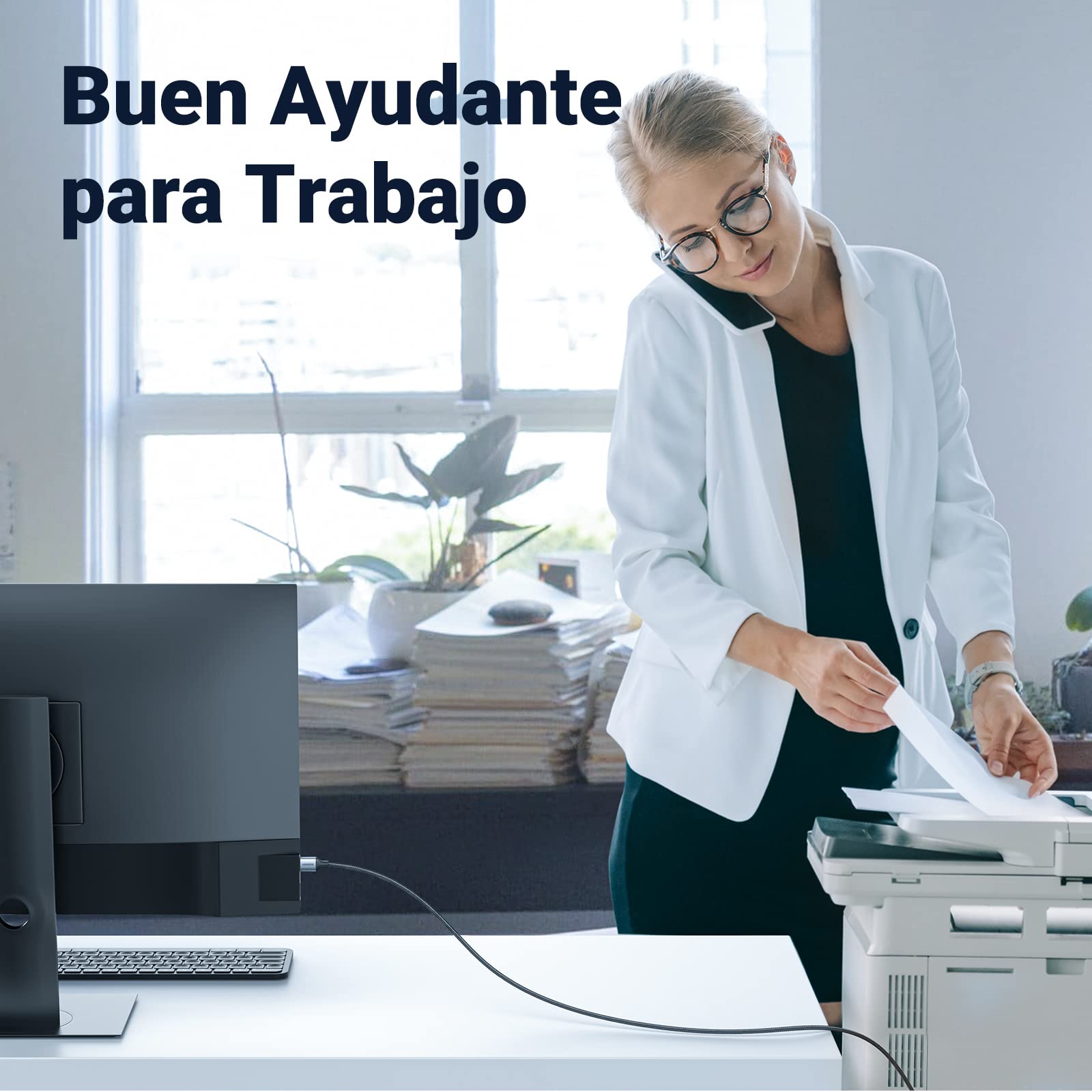 Cable Impresora UGREEN Negro Nylon Largo 2M USB 2.0 Tipo A a B para HP, Epson, Brother, Lexmark y Escáner