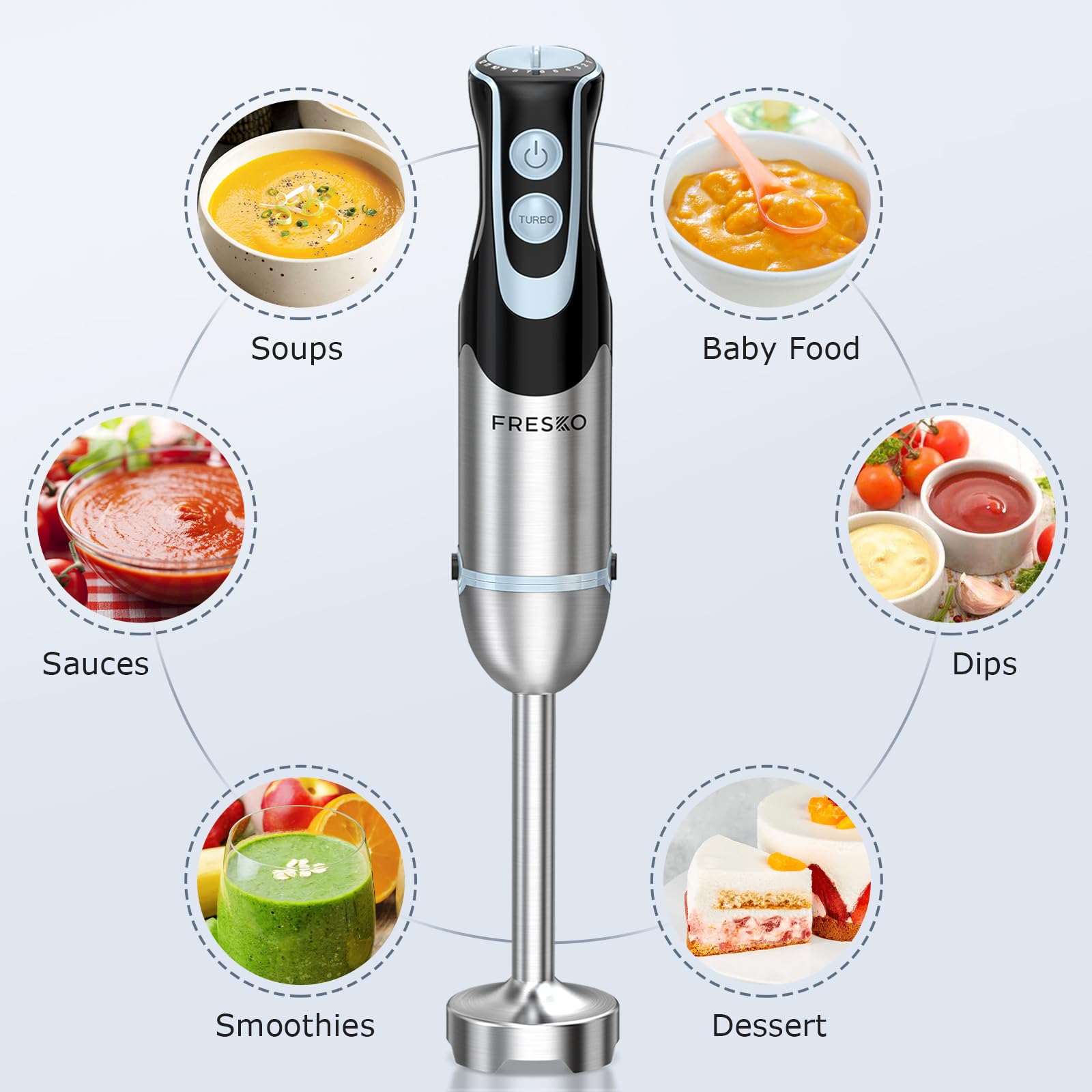 FRESKO Batidora de mano de inmersión de 500 W con vaso de 700 ml, 12 velocidades y modo turbo batidora de mano, cuchillas de acero inoxidable 304 para sopa, licuado, puré, comida para bebés