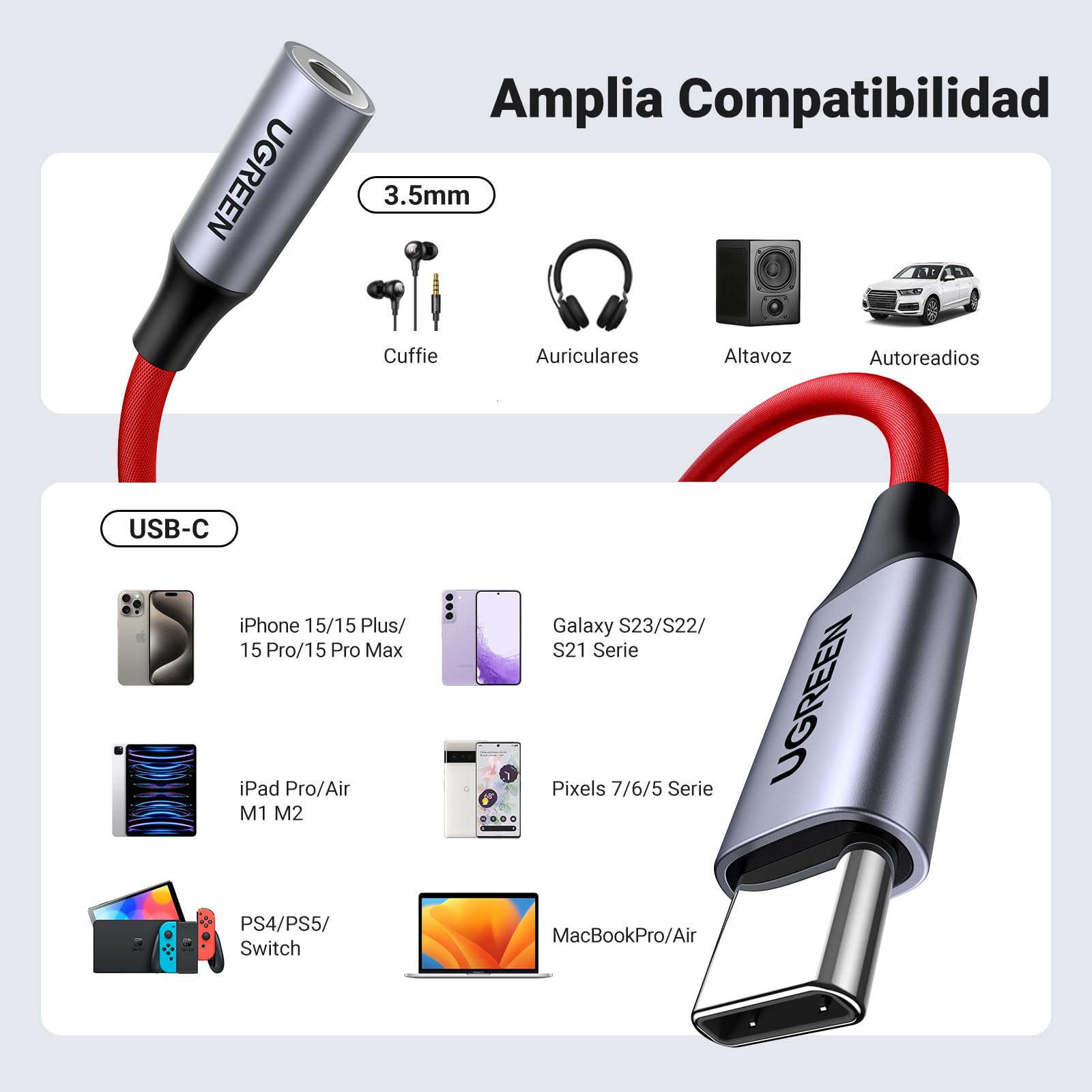 UGREEN Adaptador USB C a Jack 3.5 mm, DAC Chip HiFi Audio Adaptador para Auricular, Compatible con iPad Pro, iPhone 16/15, 8t/8 Pro, Galaxy S24/S23/S22, Huawei P40/P30, Xiaomi Mi 11/10/9