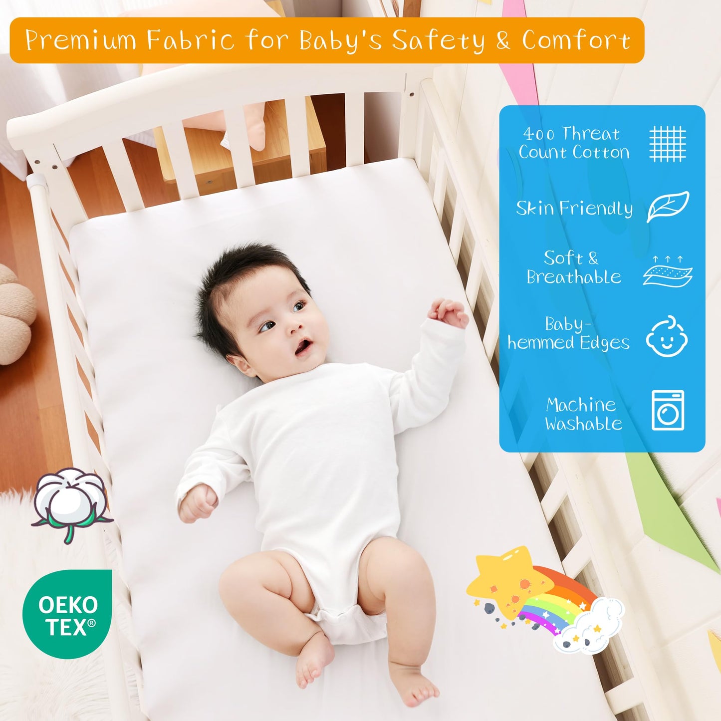 Falda de cuna con volante de polvo 100% algodón - Natural, suave, transpirable para la delicada piel del bebé, falda de cuna para niños y niñas, se adapta a cunas estándar de 28 x 52 pulgadas con