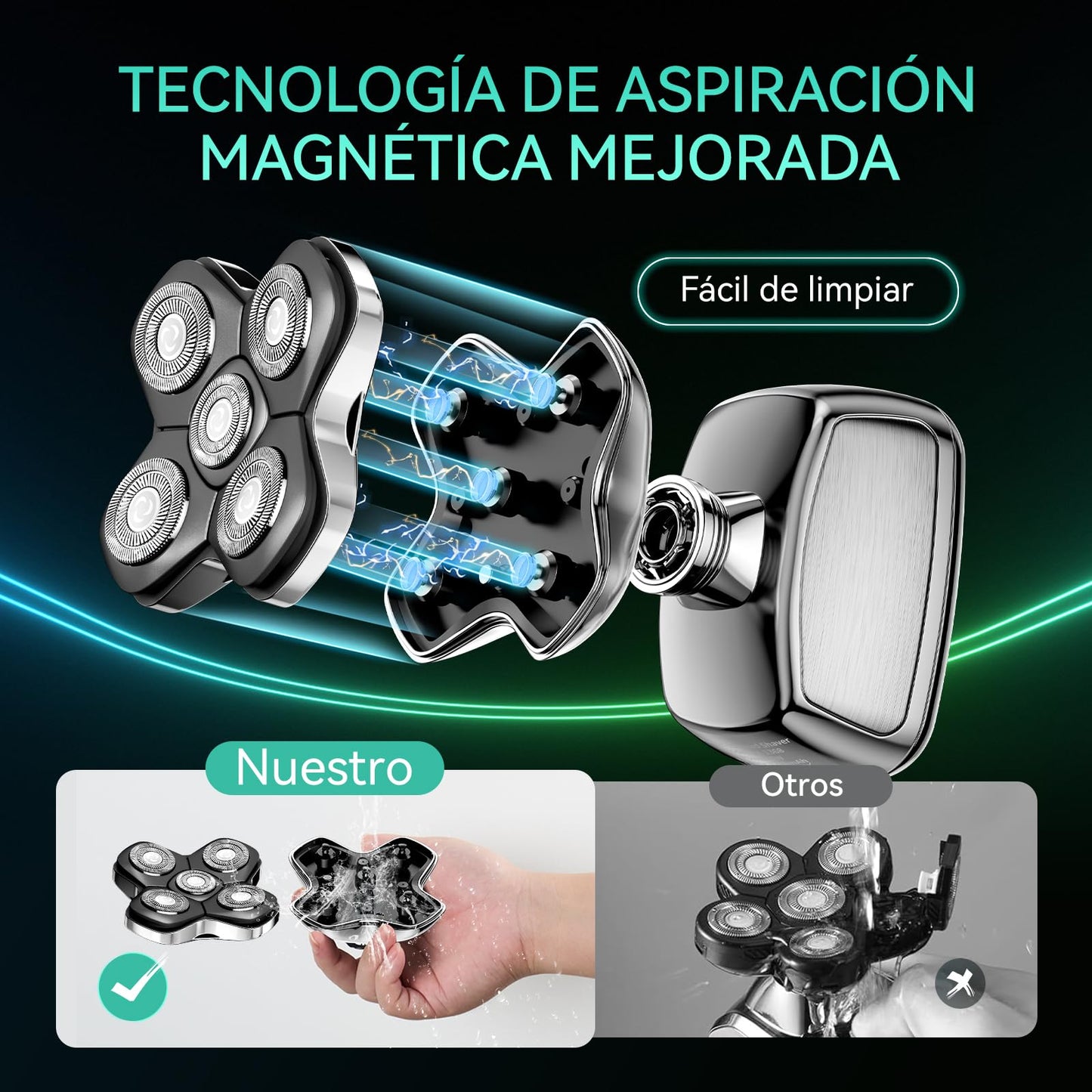 Rasuradoras para Hombre 3 en 1, Kensen Afeitadora Cabeza Hombre IPX6 Impermeable, Maquina Afeitar Cabeza con Cabezales Magnéticos 5D, Cortapelos Barba y Nariz, Afeitado en Seco y Húmedo, Carga USB-C