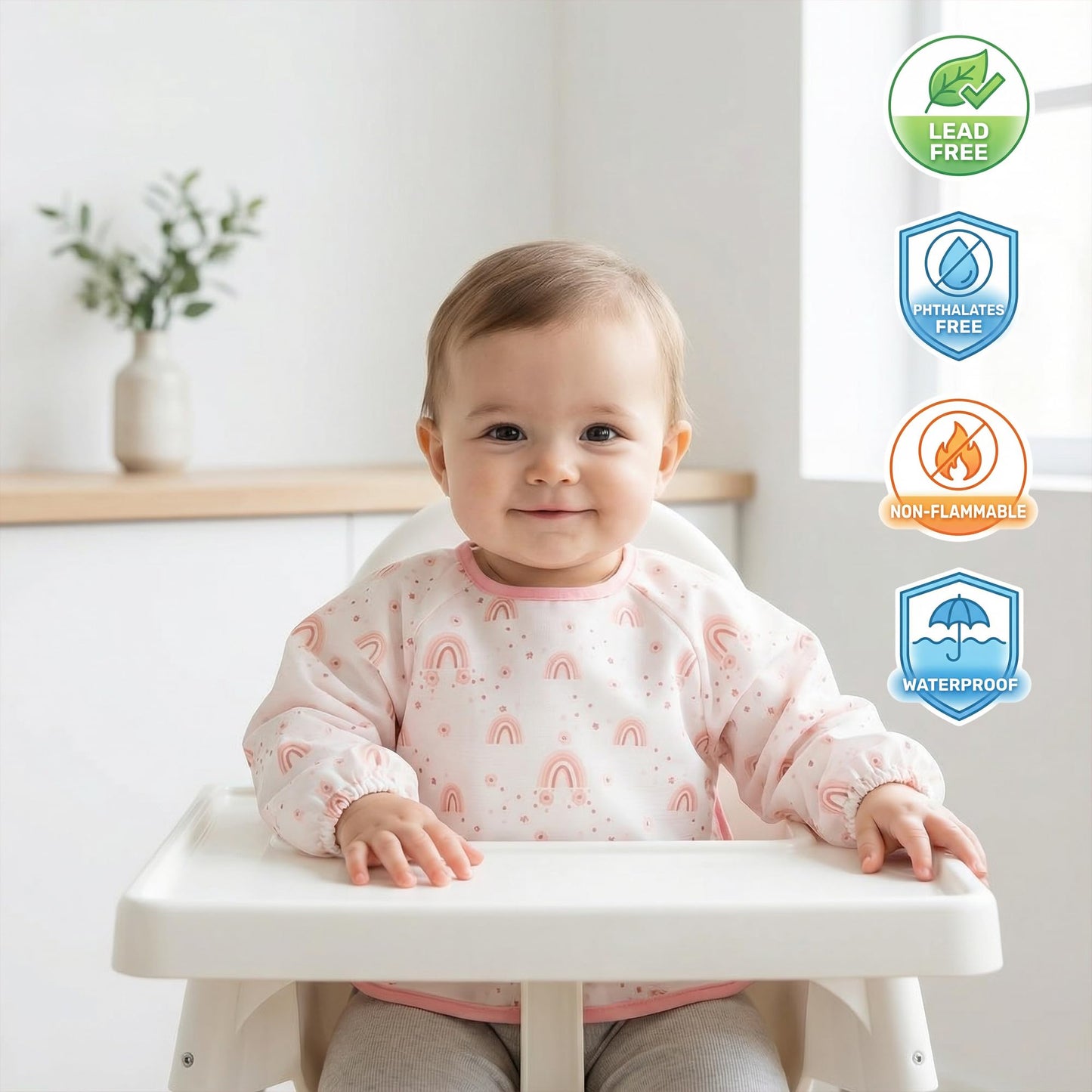 HAMUR HOME - Babero de manga larga para bebé de 2 a 4 años - Impermeable y a prueba de desorden, para destete LED, lavable a máquina, ligero para bebés y niños pequeños, color crema