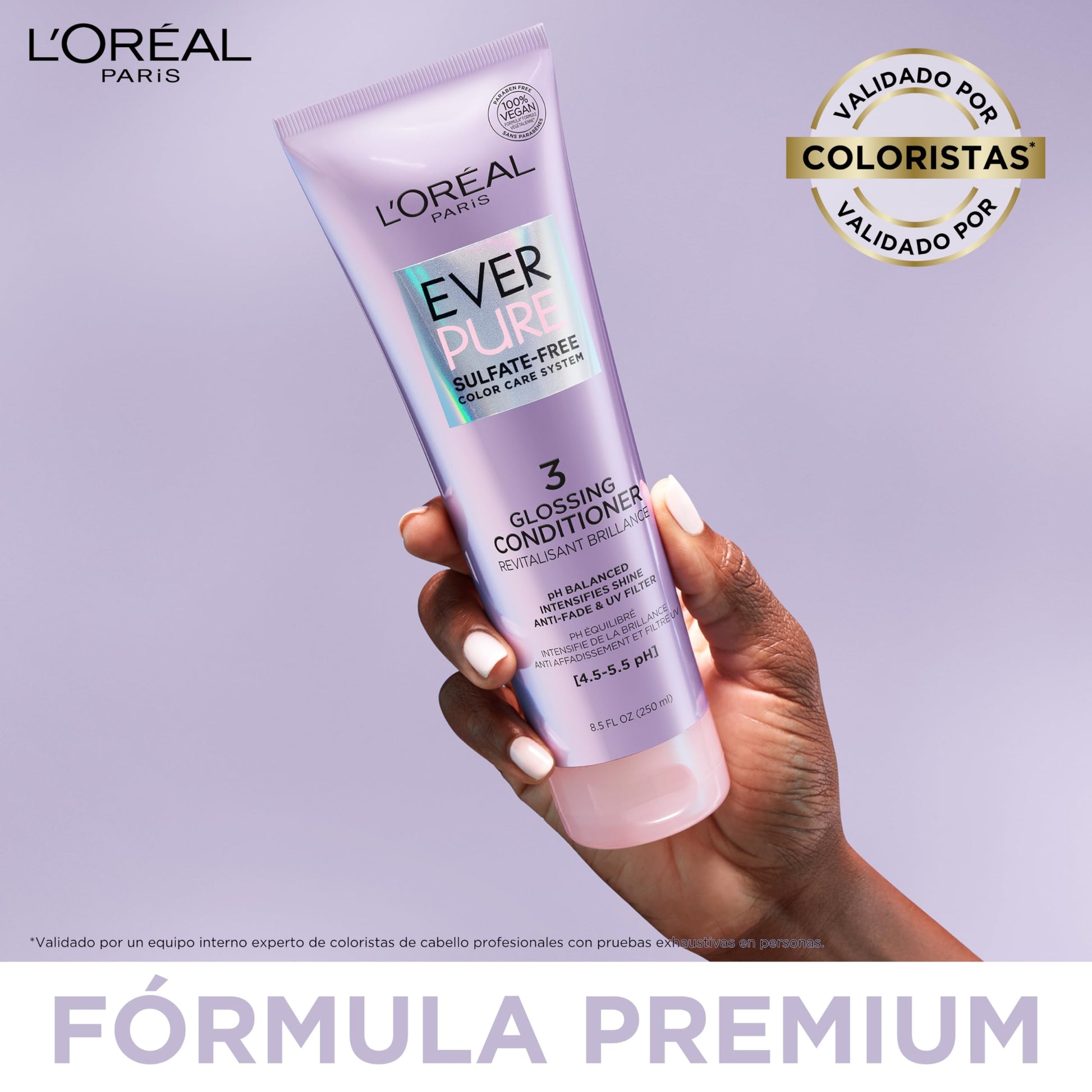 L'Oréal Paris Acondicionador con Ph balanceado Ever Pure Glossing controla aporta brillo intenso para todo tipo de pelo teñido Sin Sulfatos, 250ml