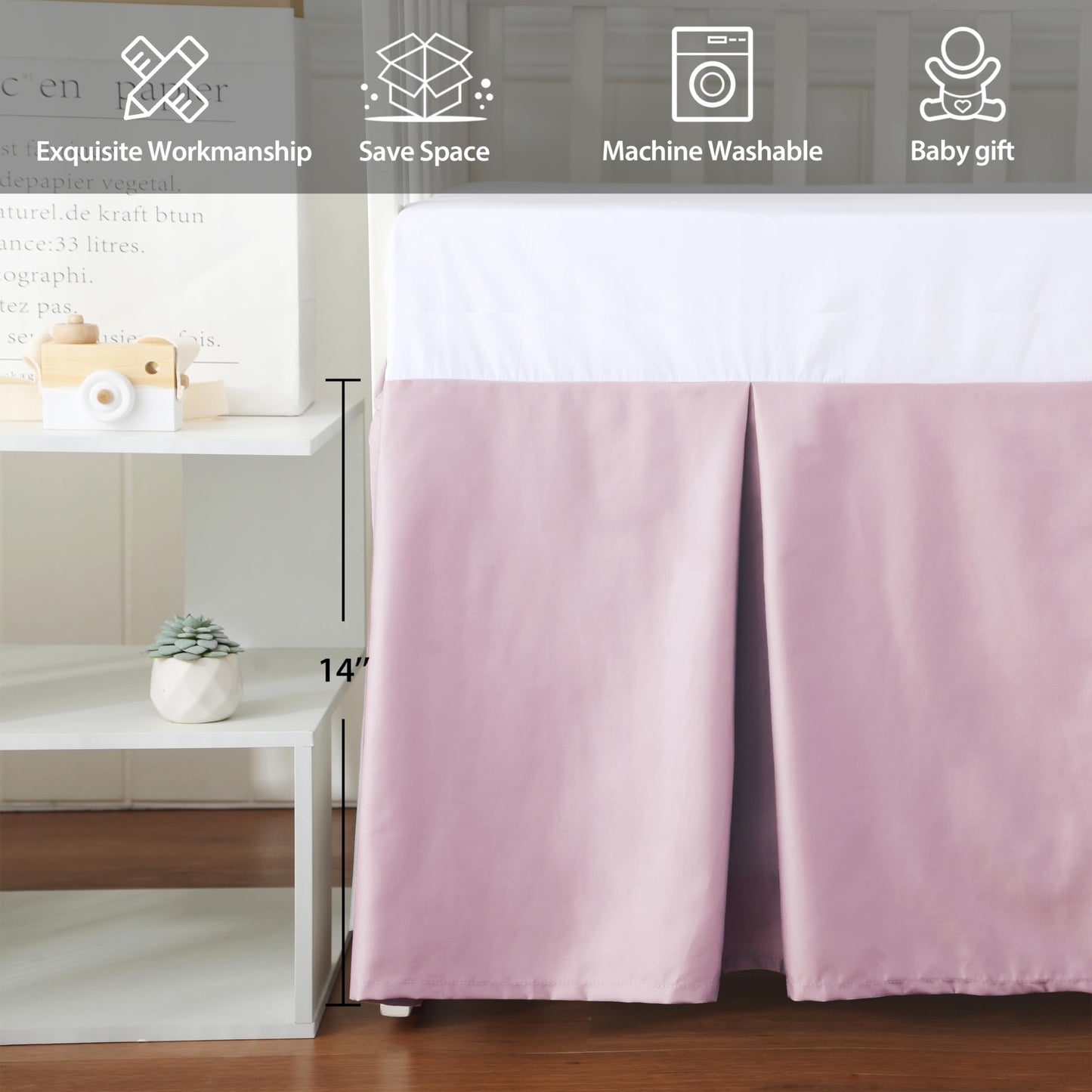 Falda para cuna, 100% algodón egipcio de 400 hilos, suave y transpirable, para bebés, niños y niñas, 52 x 28 pulgadas, con falda de cama de cuna de 14 pulgadas, resistente a la decoloración (rosa sólido)