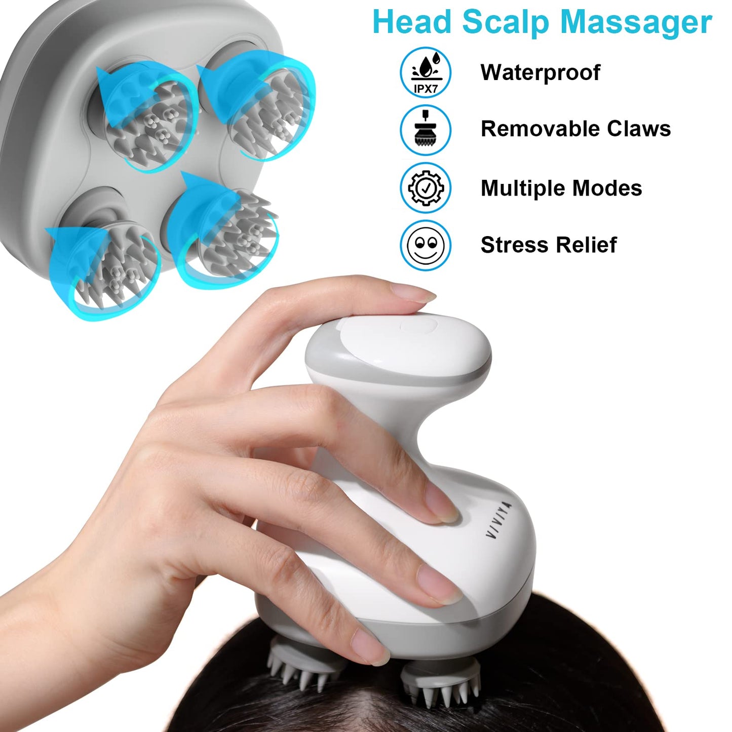 VIVIYA Masajeador de cuero cabelludo eléctrico, masajeador de cabeza portátil recargable con 4 garras de masaje extraíbles, resistente al agua para el cuero cabelludo de mano para masaje de cuerpo completo, crecimiento del cabello y relajación del estrés