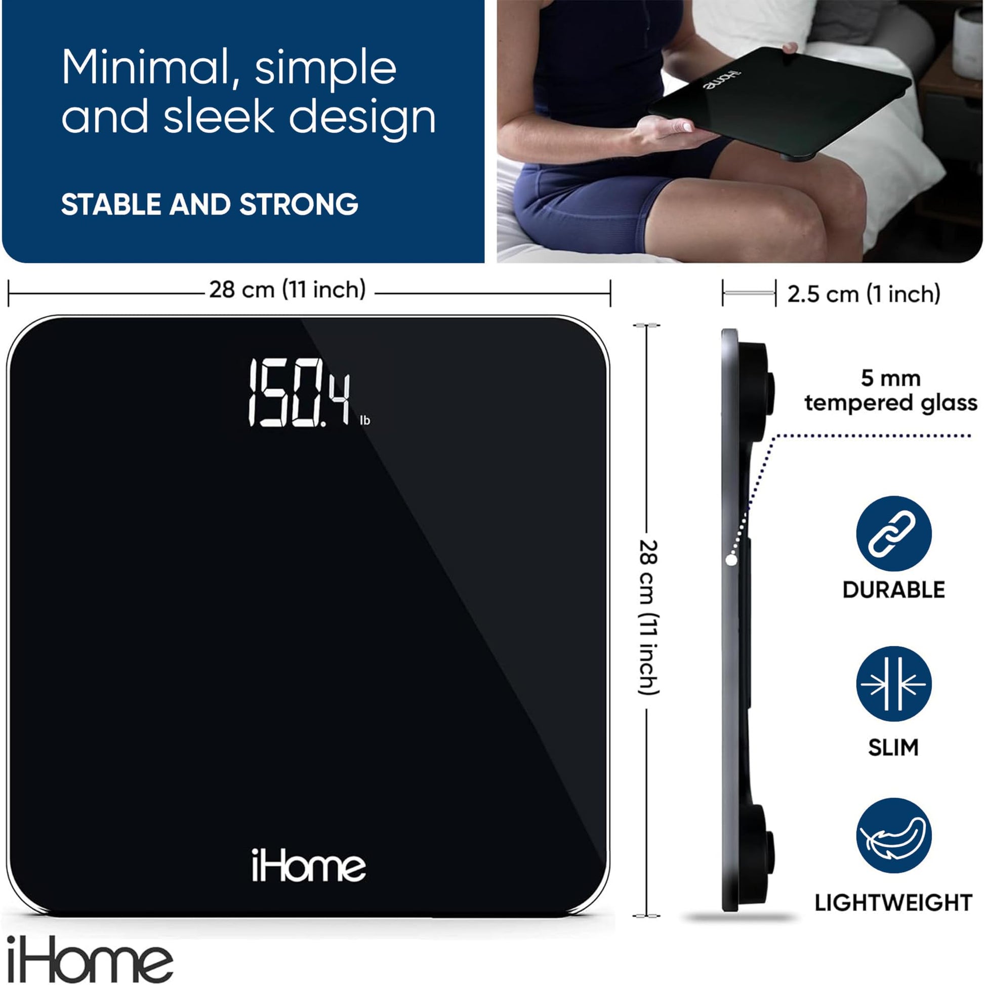 iHome - Báscula digital para baño con escala, báscula de peso corporal de alta precisión, 400 libras, funciona con batería con visualización LED, pilas incluidas, ideal para gimnasio en casa (negro)
