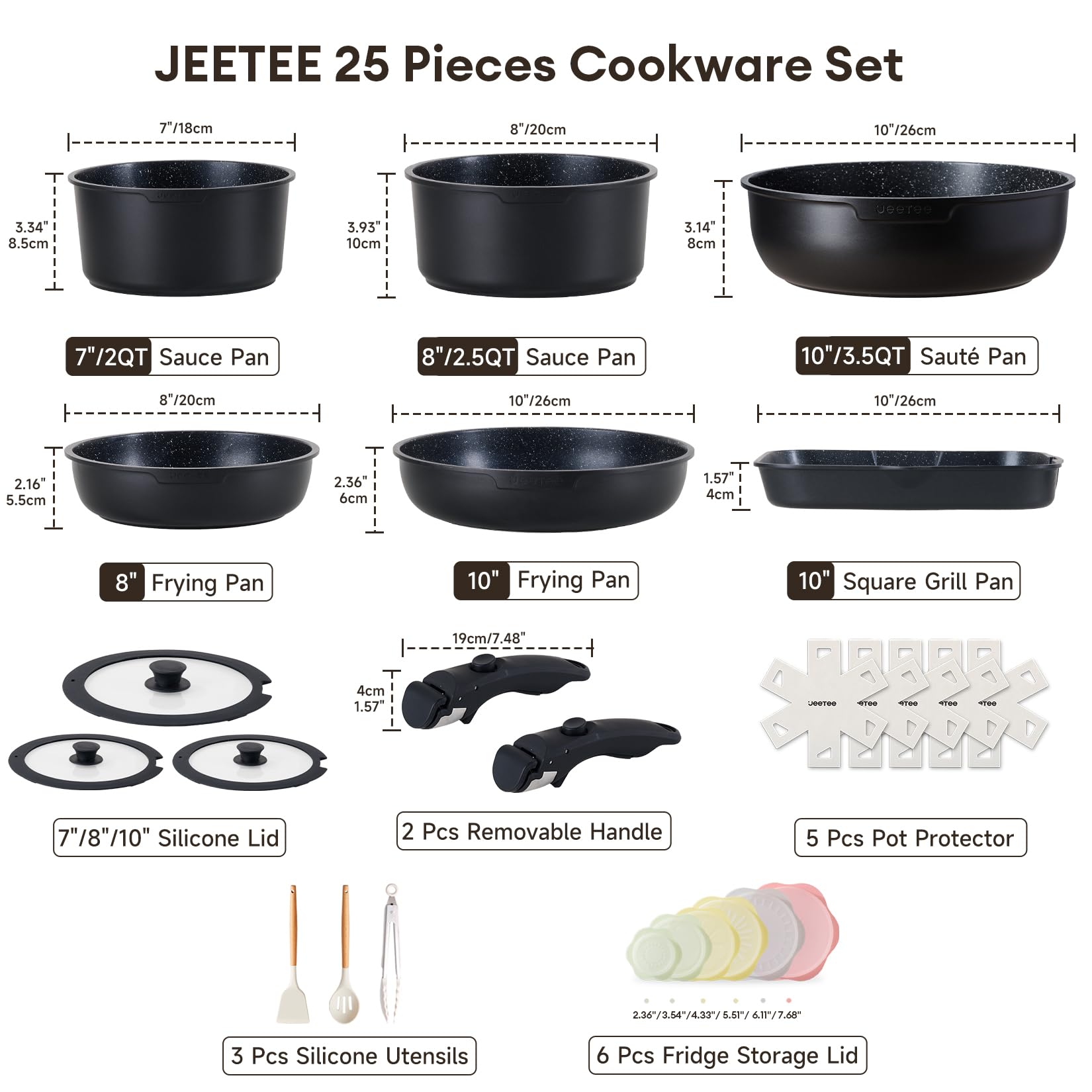 JEETEE - Juego de ollas y sartenes antiadherentes, 26 piezas, utensilios de cocina con mango extraíble/desmontable, para cocina de inducción, apto horno, apilables, para caravana, sin PFOA, negro
