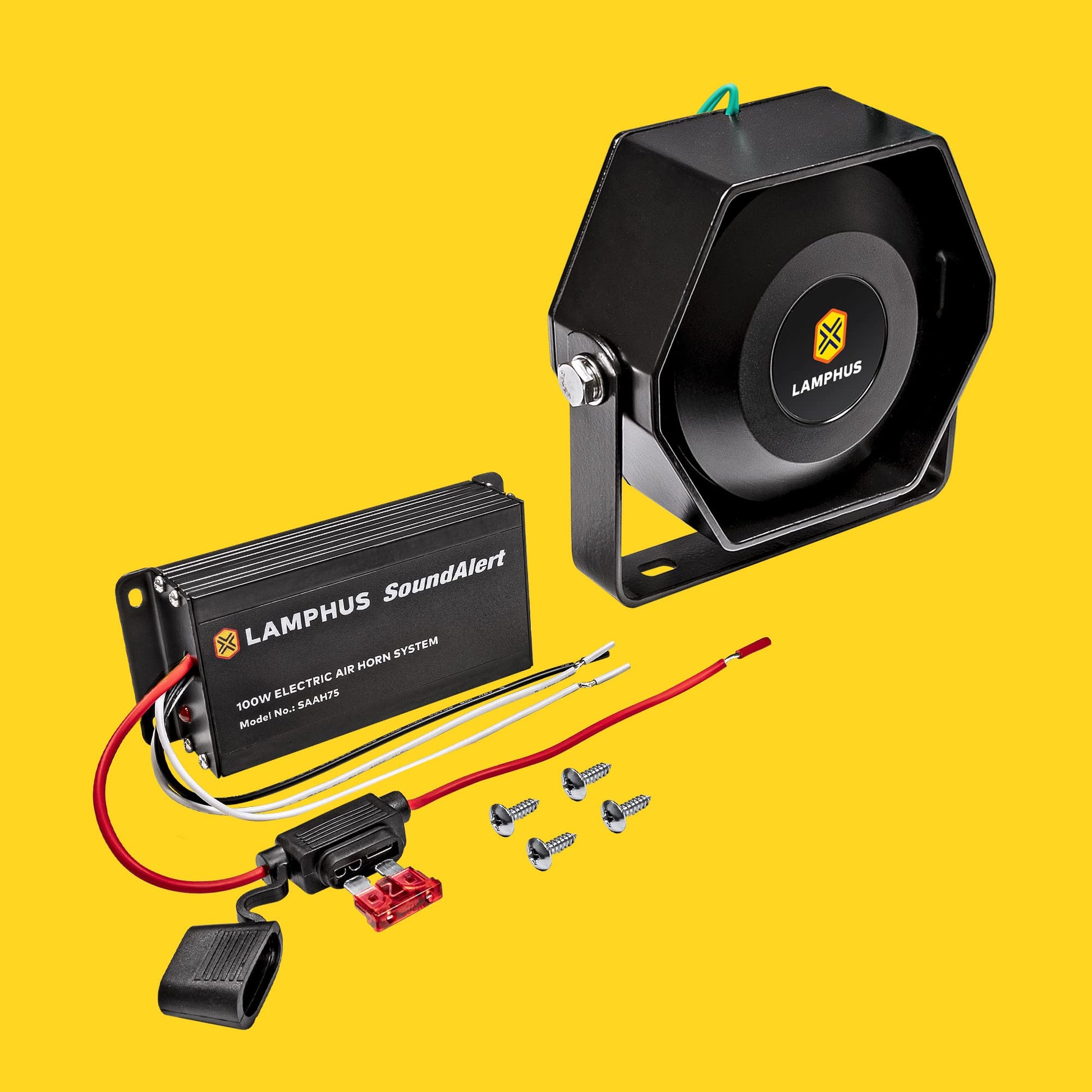 LAMPHUS SoundAlert - Kit de amplificador de bocina de aire de policía de 100 W [altavoz delgado de 118-124 dB] [Control manual o bybas] [Fusible de 10 A protegido] Bocina de aire electrónica para