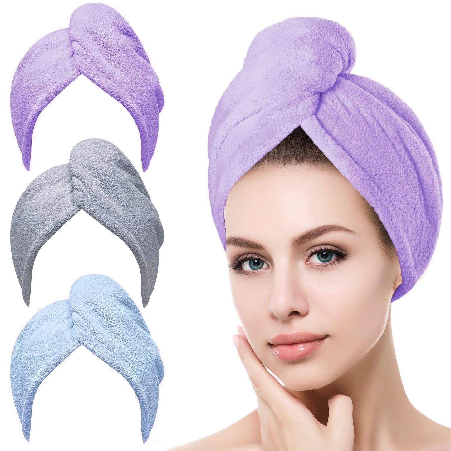 Toalla Microfibra para Cabello 3 Pack, Toalla de Cabello Seco con Botones, Gorro de Baño Ultra Absorbente de Agua, Secado de Pelo Súper Rápido, Turbante Suave Anti-Frizz para Mujer (Viole Gris Azul)
